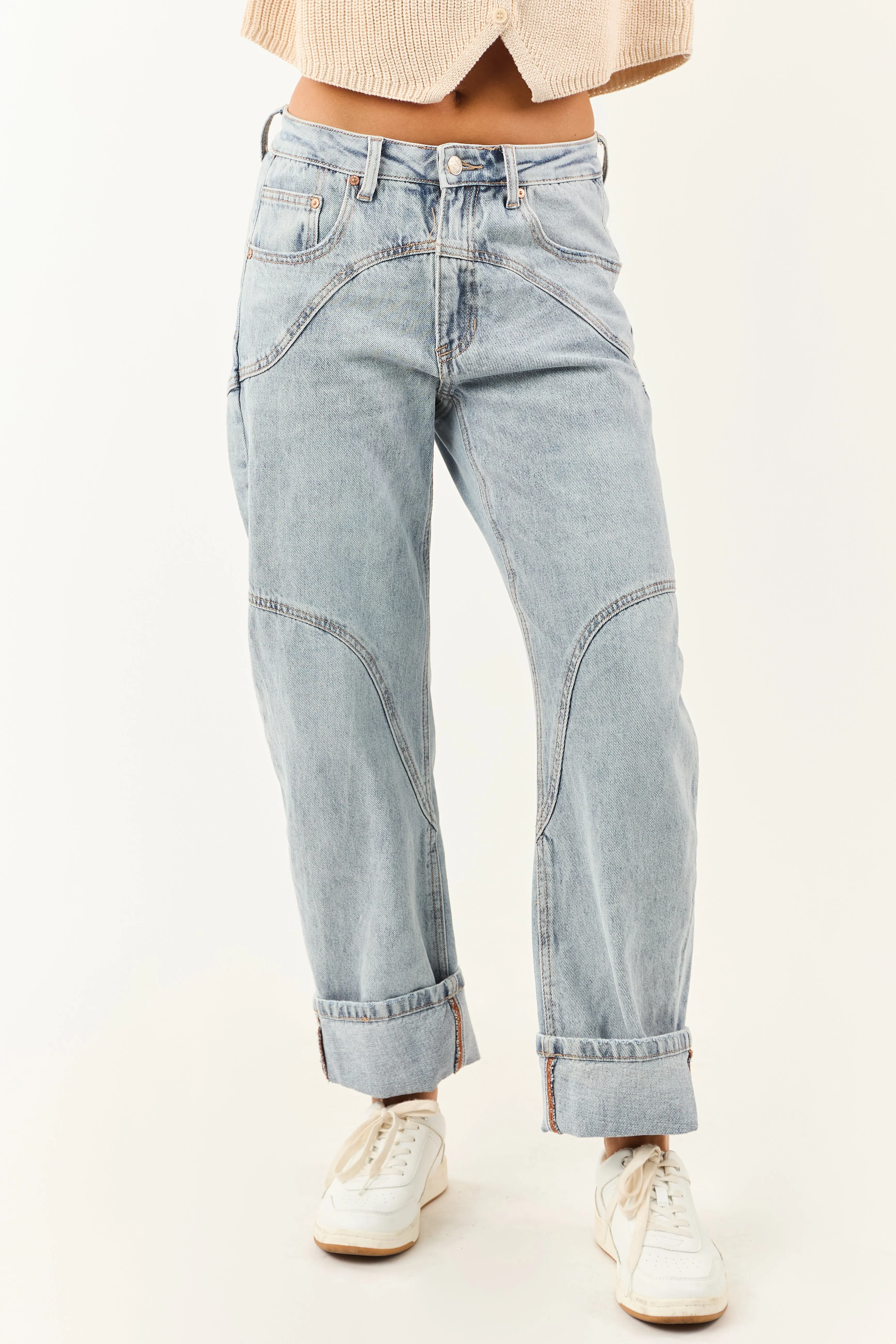 Saige Light Wash High Rise Cuffed Barrel Jeans youth choice
