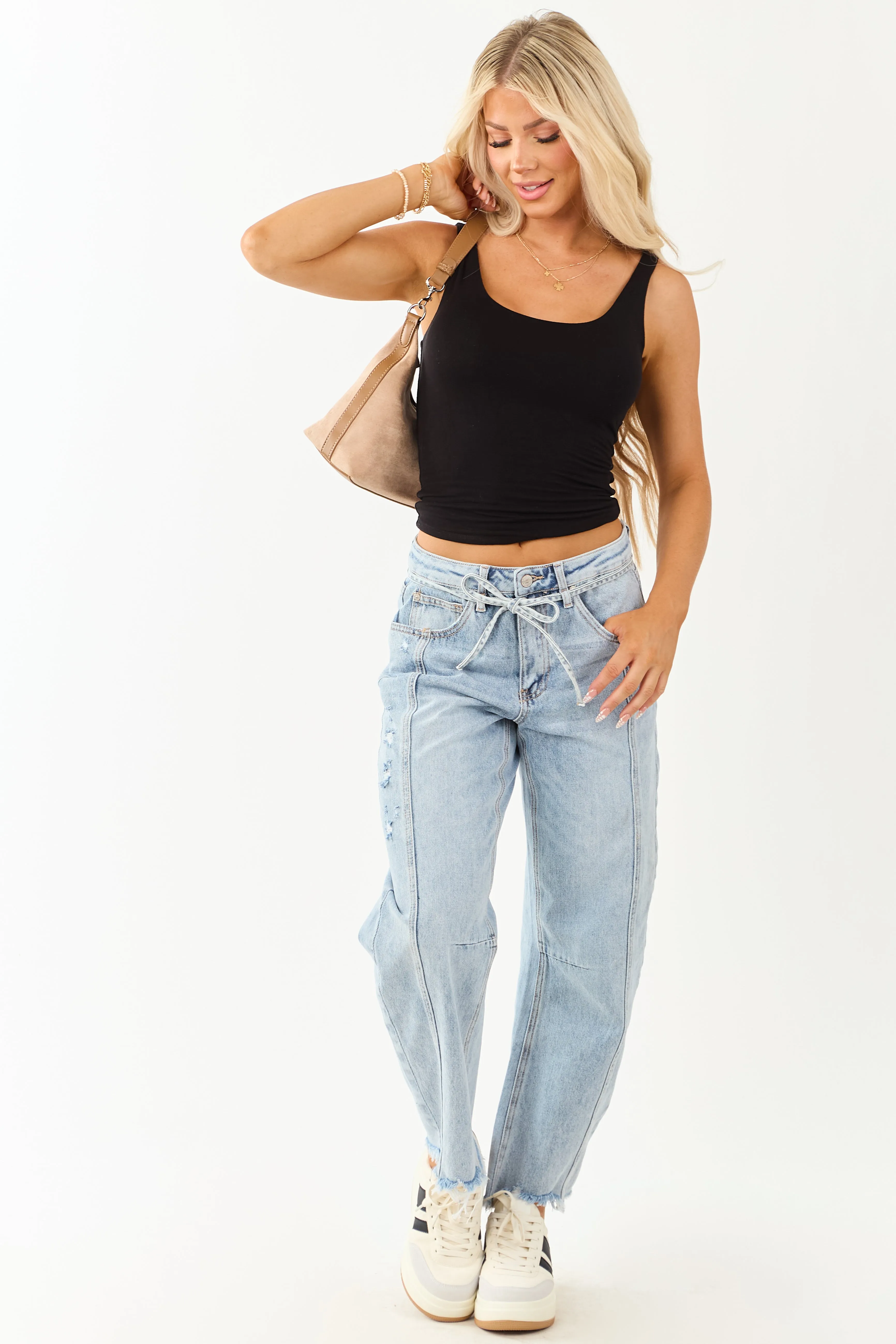 Saige Light Wash High Rise Waist Tie Barrel Jeans bold spirit