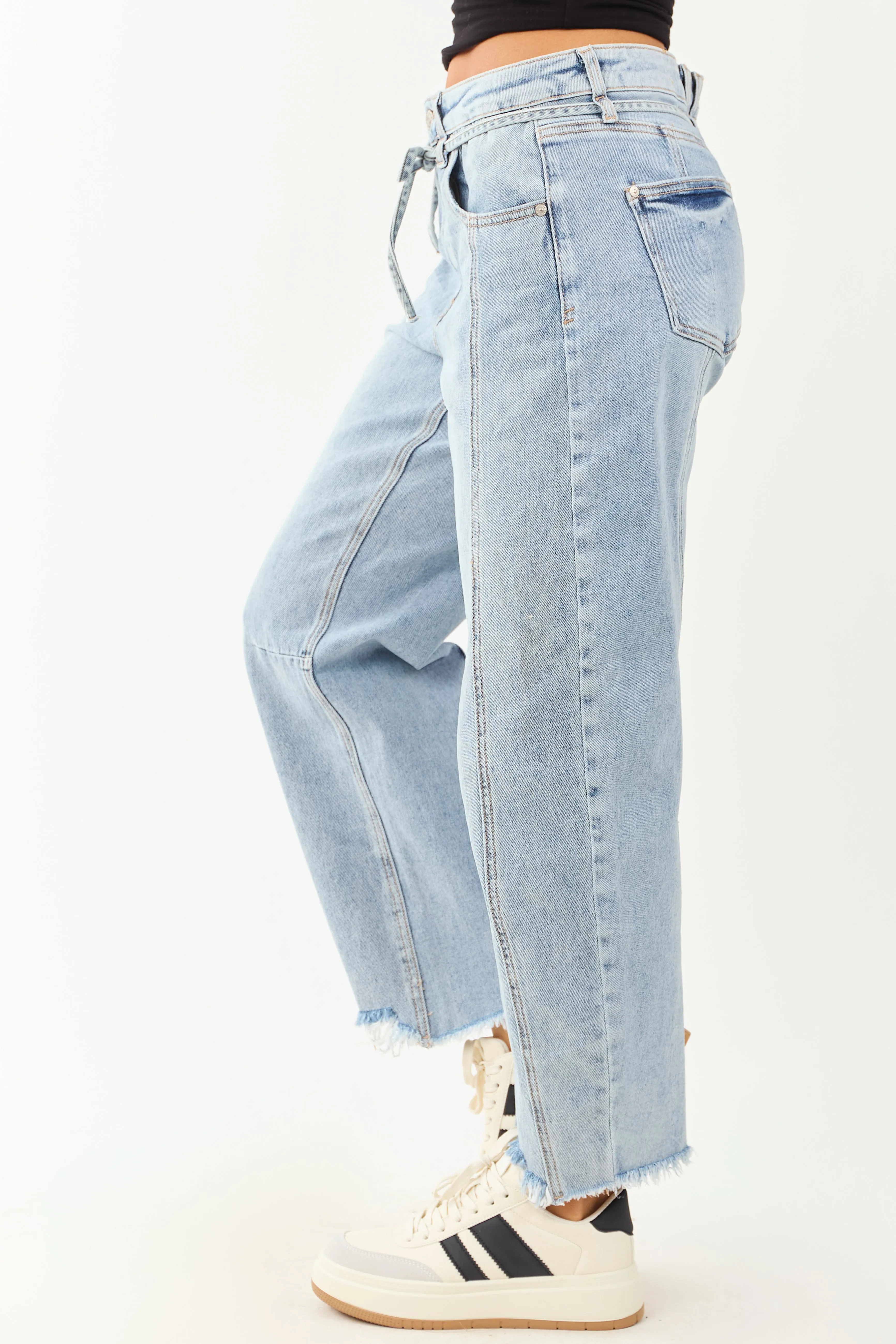 Saige Light Wash High Rise Waist Tie Barrel Jeans bold spirit