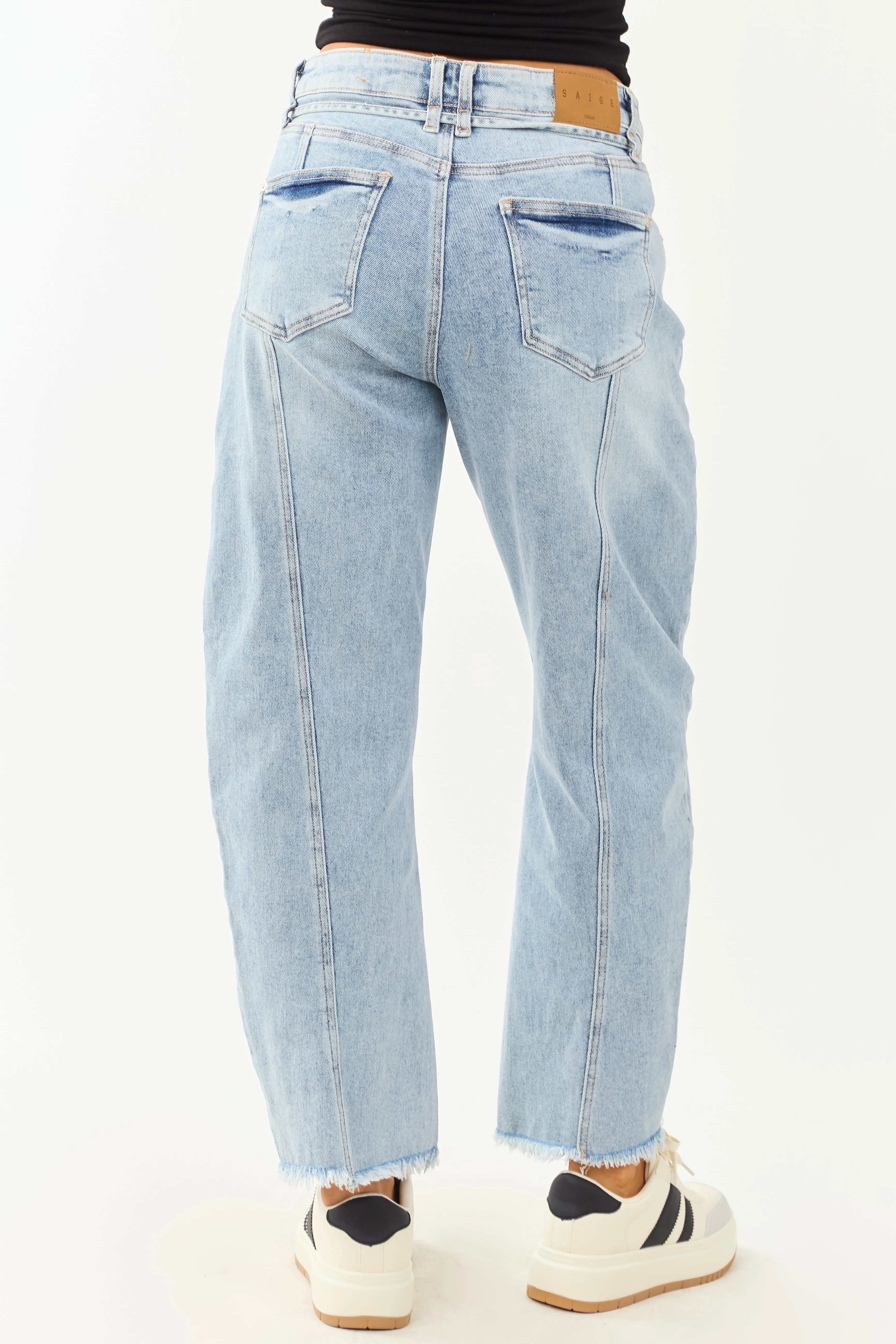 Saige Light Wash High Rise Waist Tie Barrel Jeans bold spirit