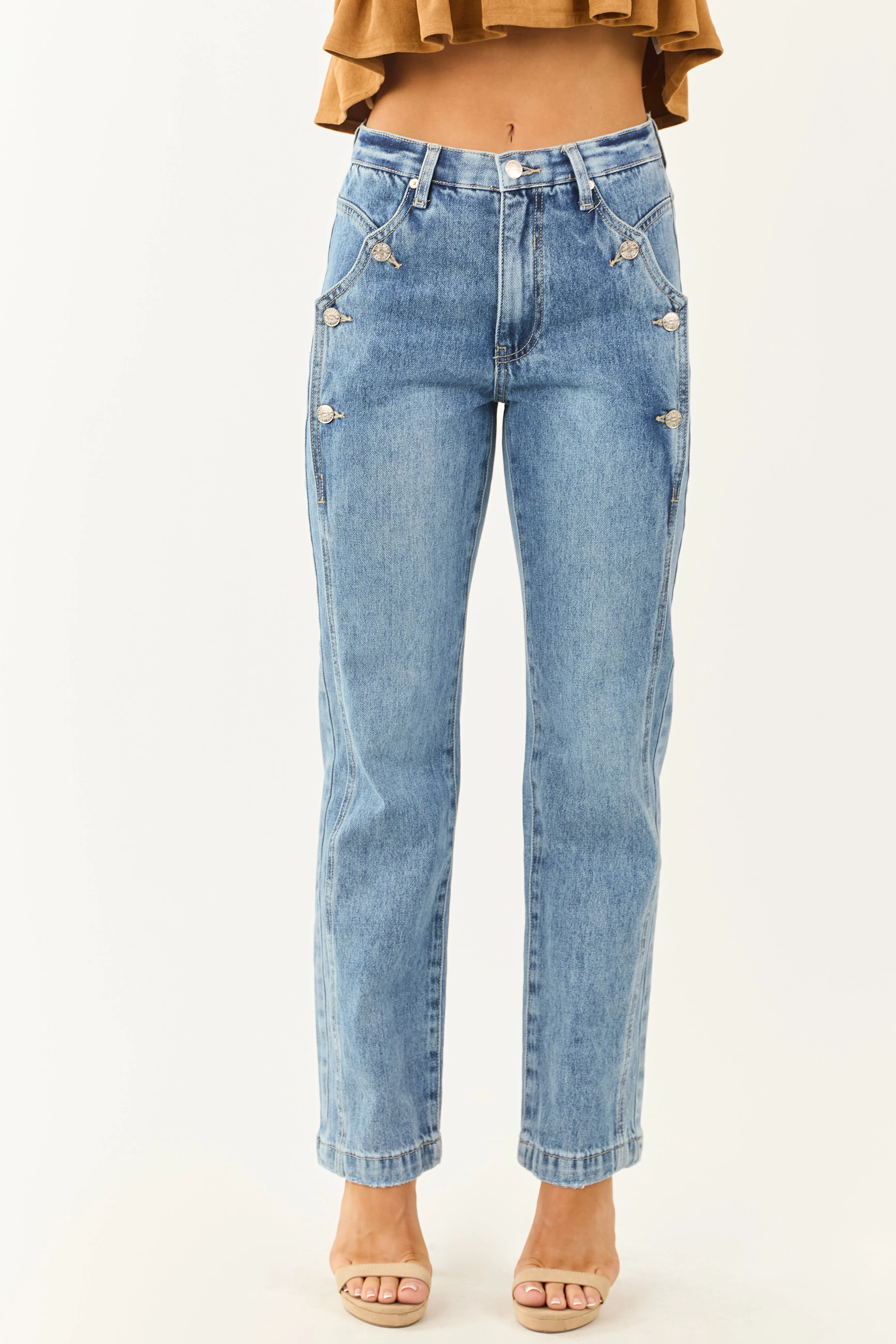 Saige Medium Wash Tummy Control Straight Leg Jeans contour line