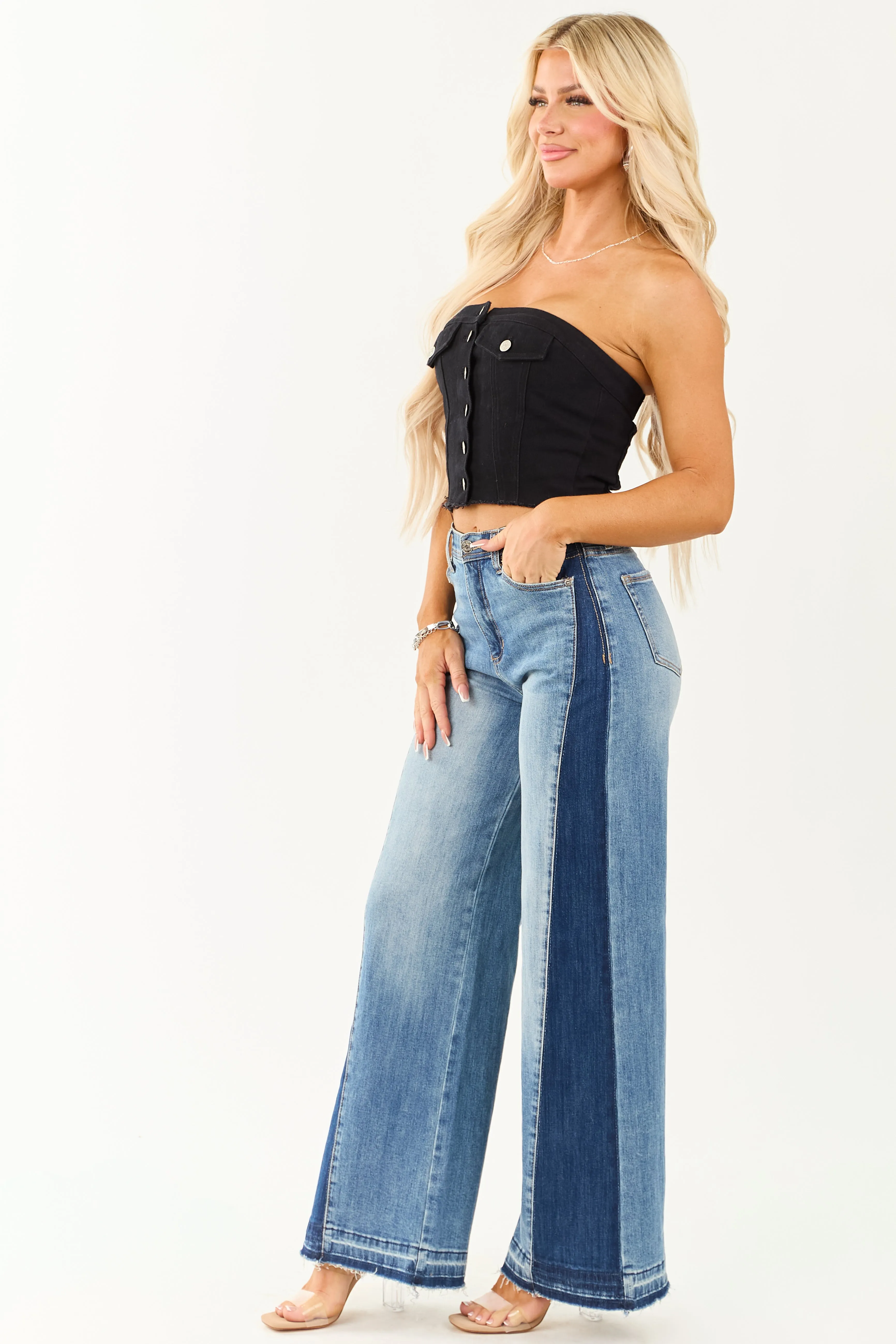 Saige Side Panel Tummy Control Stretchy Wide Jeans young heart