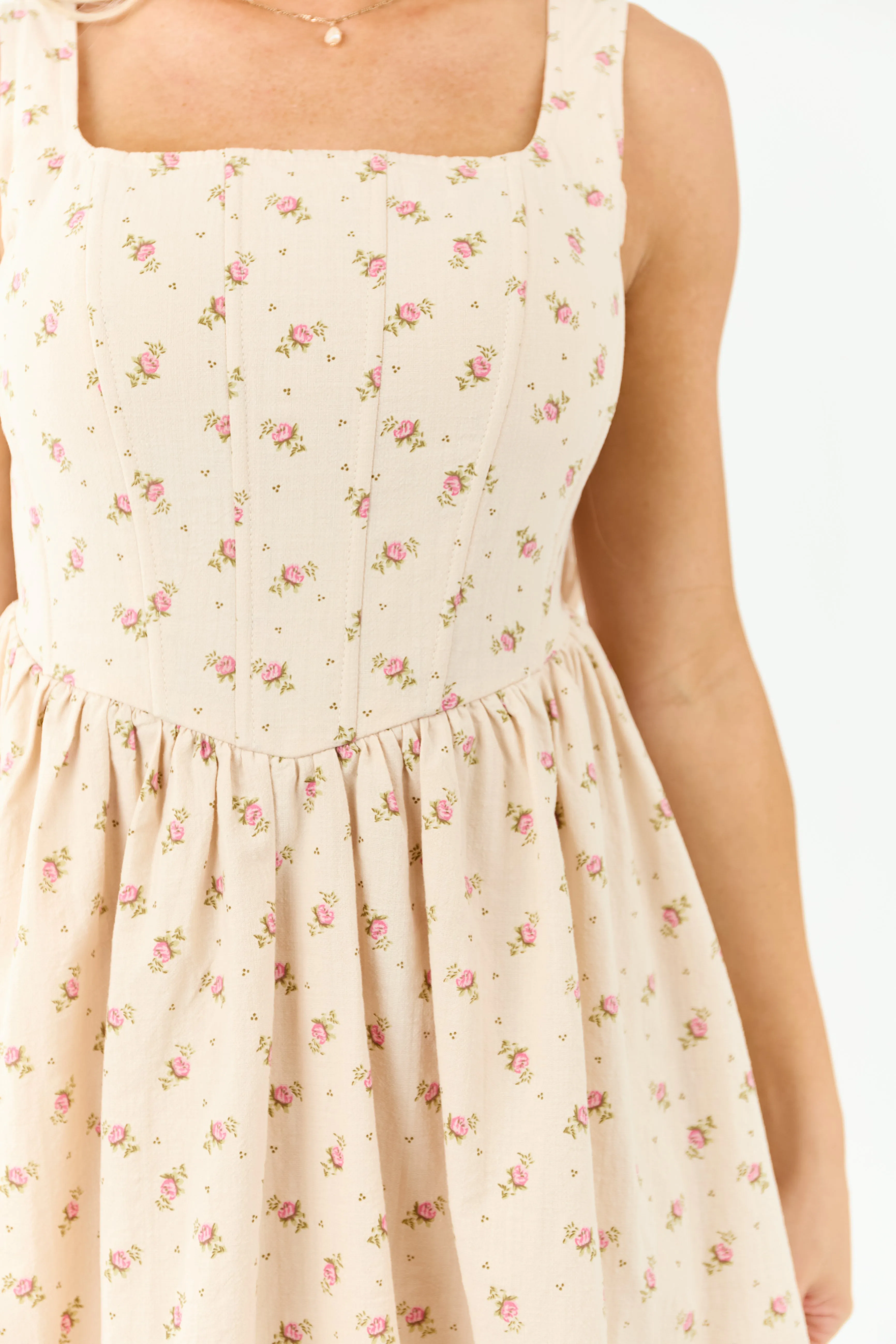 Sand Ditsy Floral Corset Cotton Mini Dress tailored fit