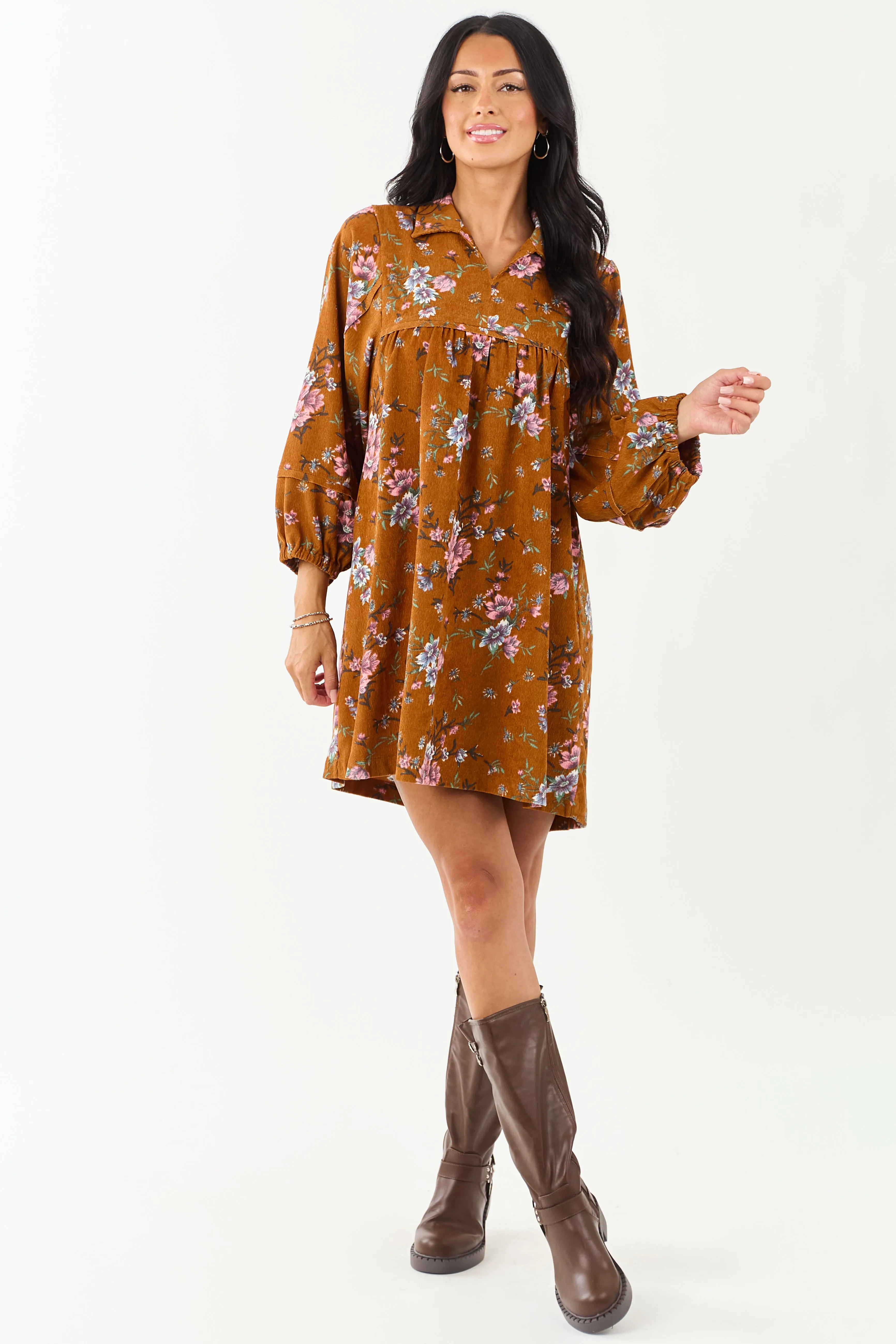 Sedona Floral Corduroy Long Sleeve Short Dress modern fashion