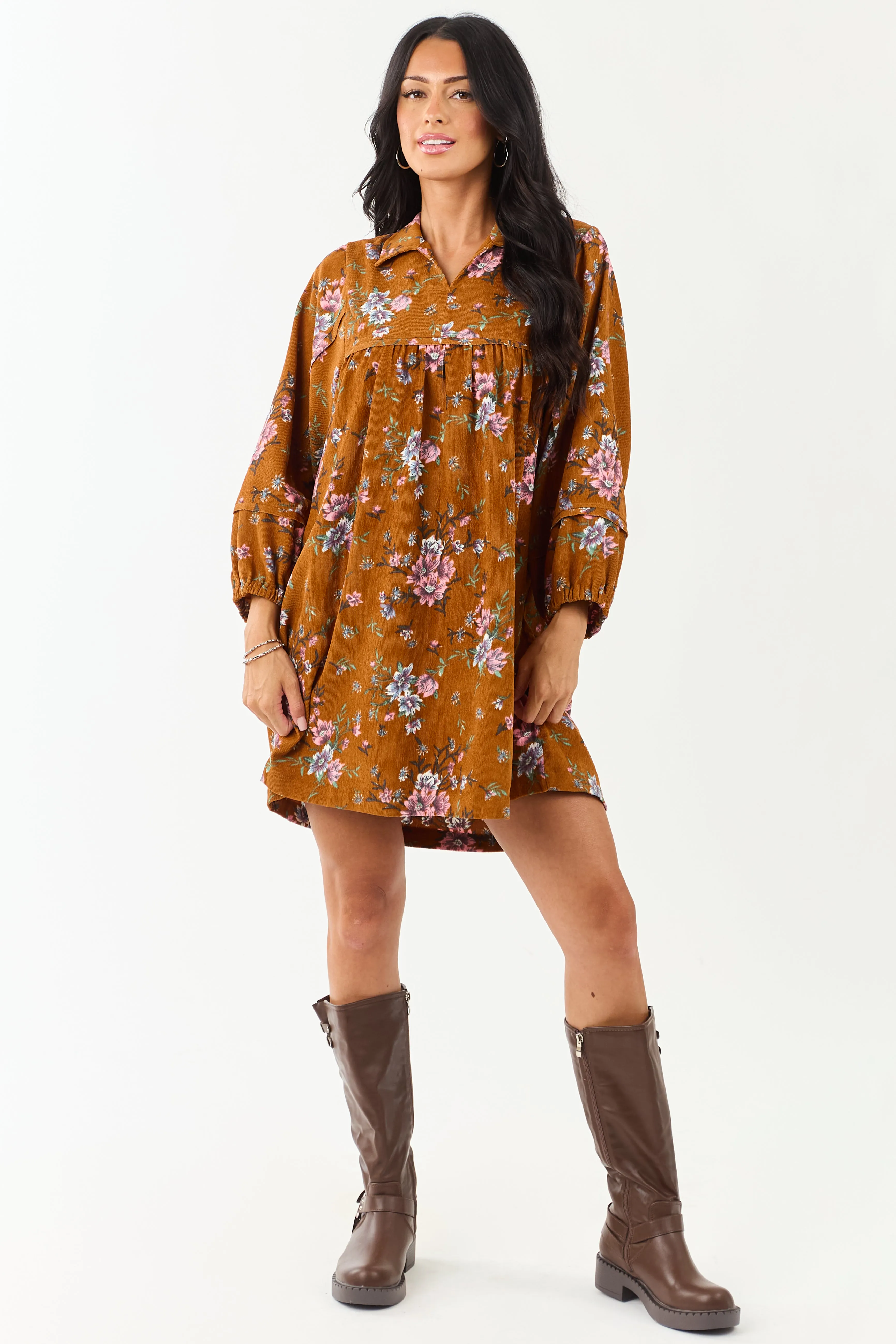 Sedona Floral Corduroy Long Sleeve Short Dress modern fashion