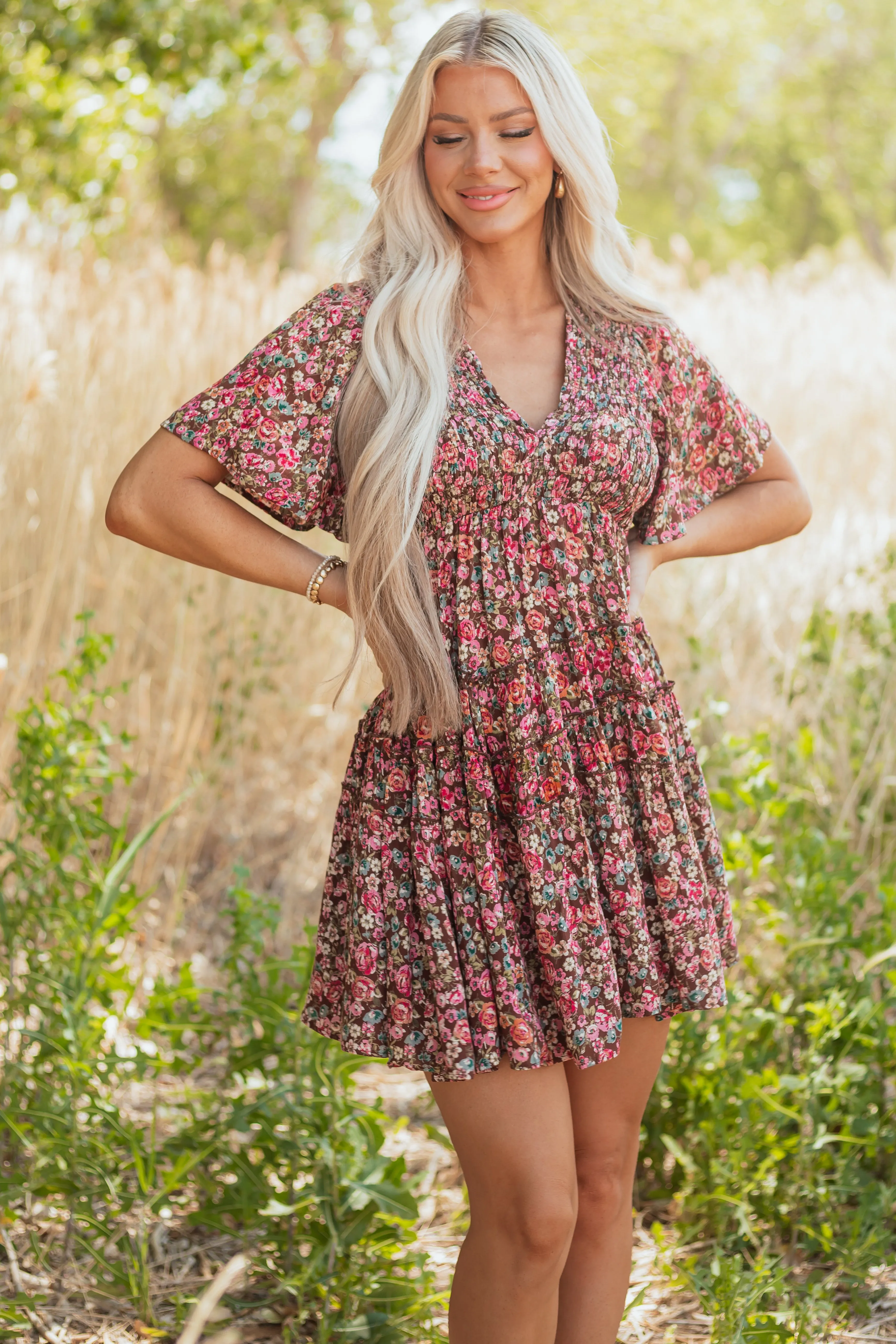 Sepia Floral Print Smocked Tiered Mini Dress bohemian chic