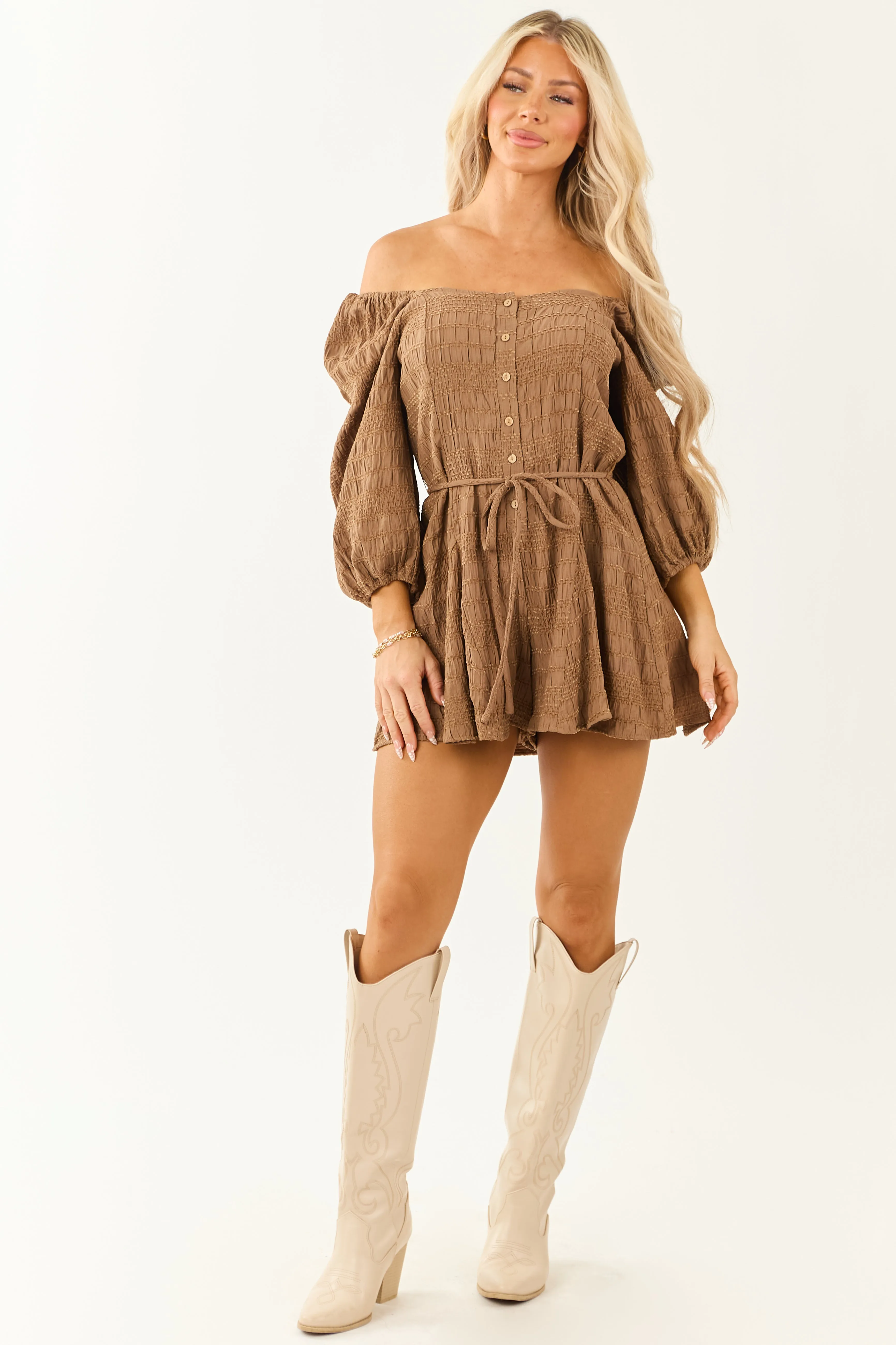 Sepia Velvet Textured Puff Sleeve Wide Leg Romper romantic vibe