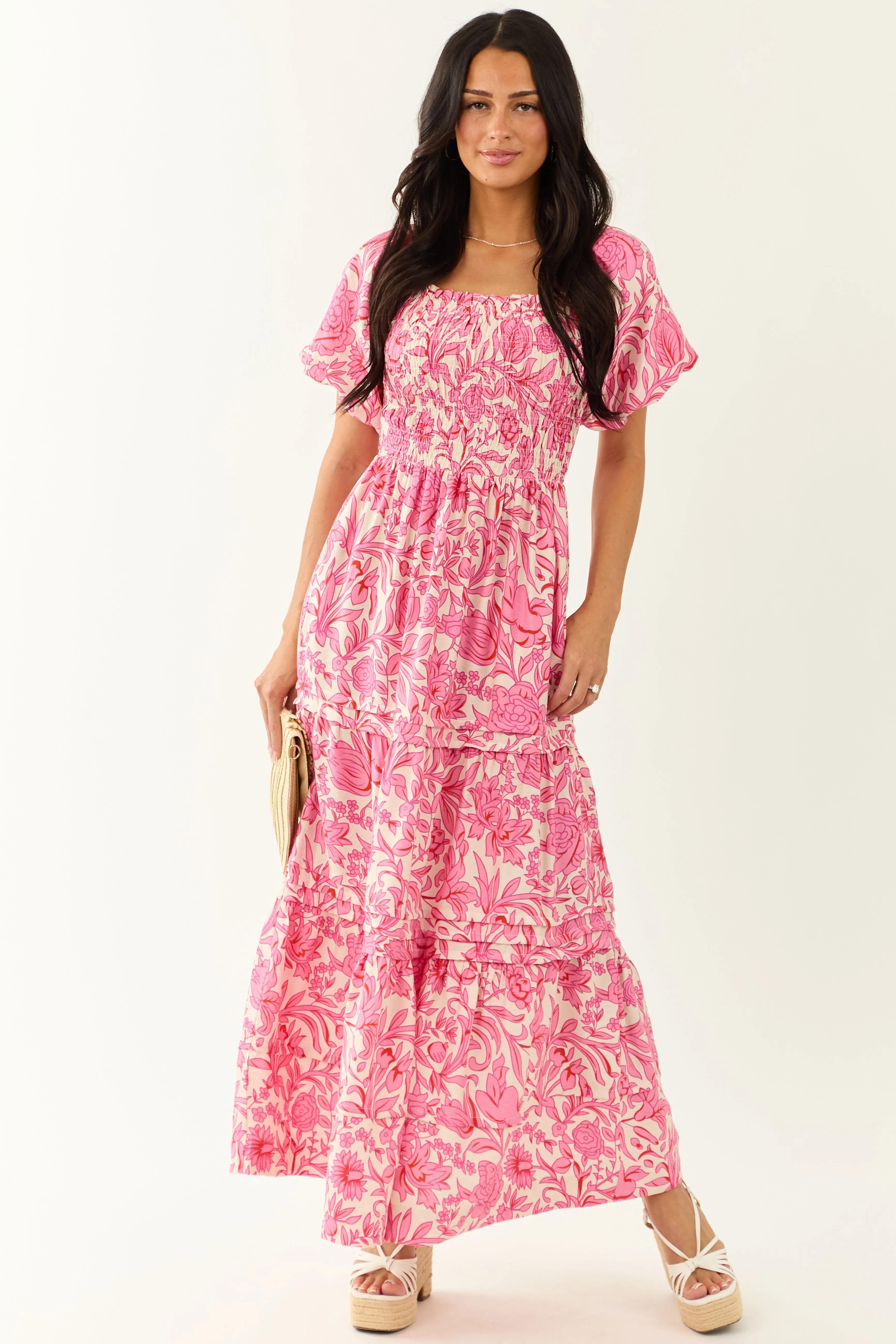 She Sky Bubblegum Tiered Floral Maxi Dress cutout design