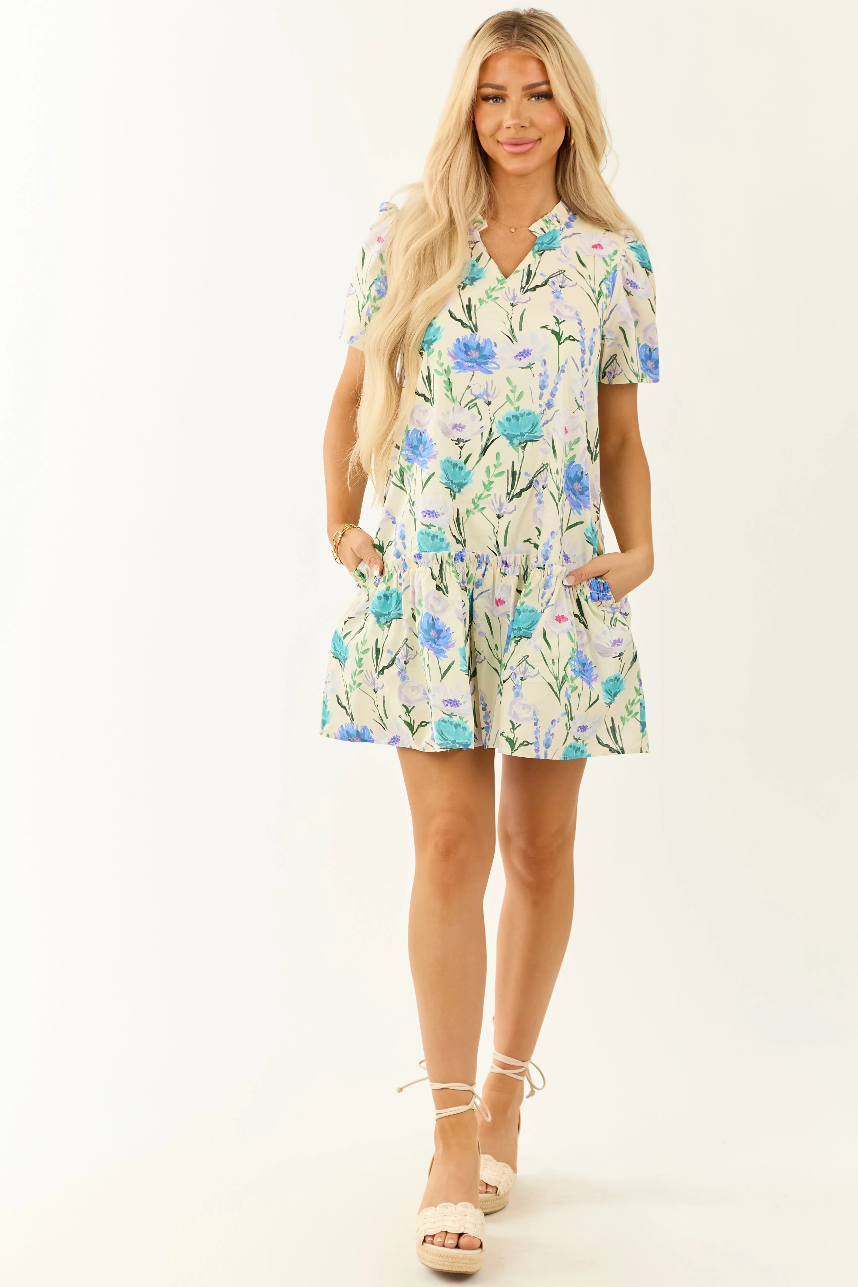 She Sky Cream Floral Print Short Sleeve Short Dress edgy style