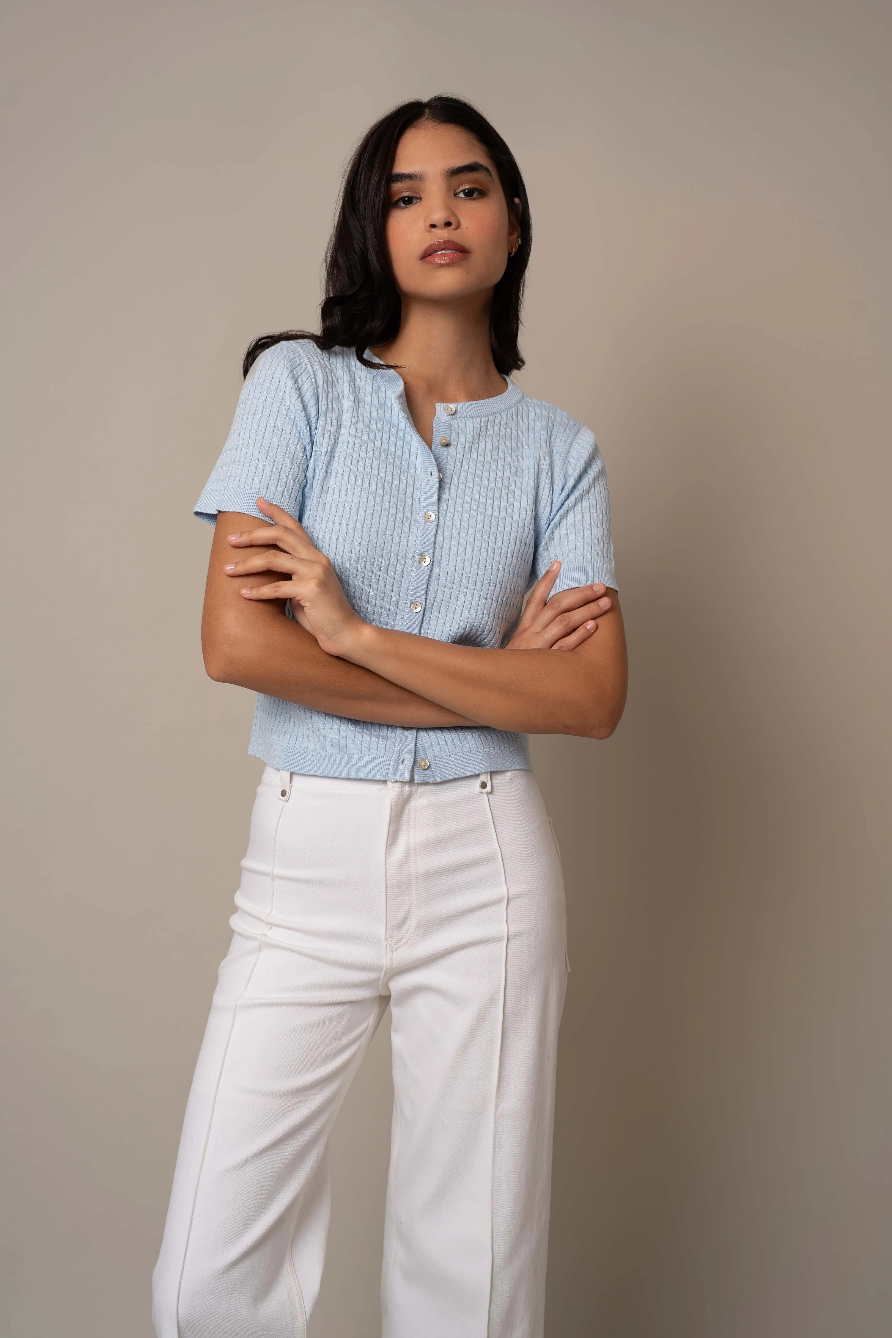 Short Sleeve Cable Cardigan indoor calm