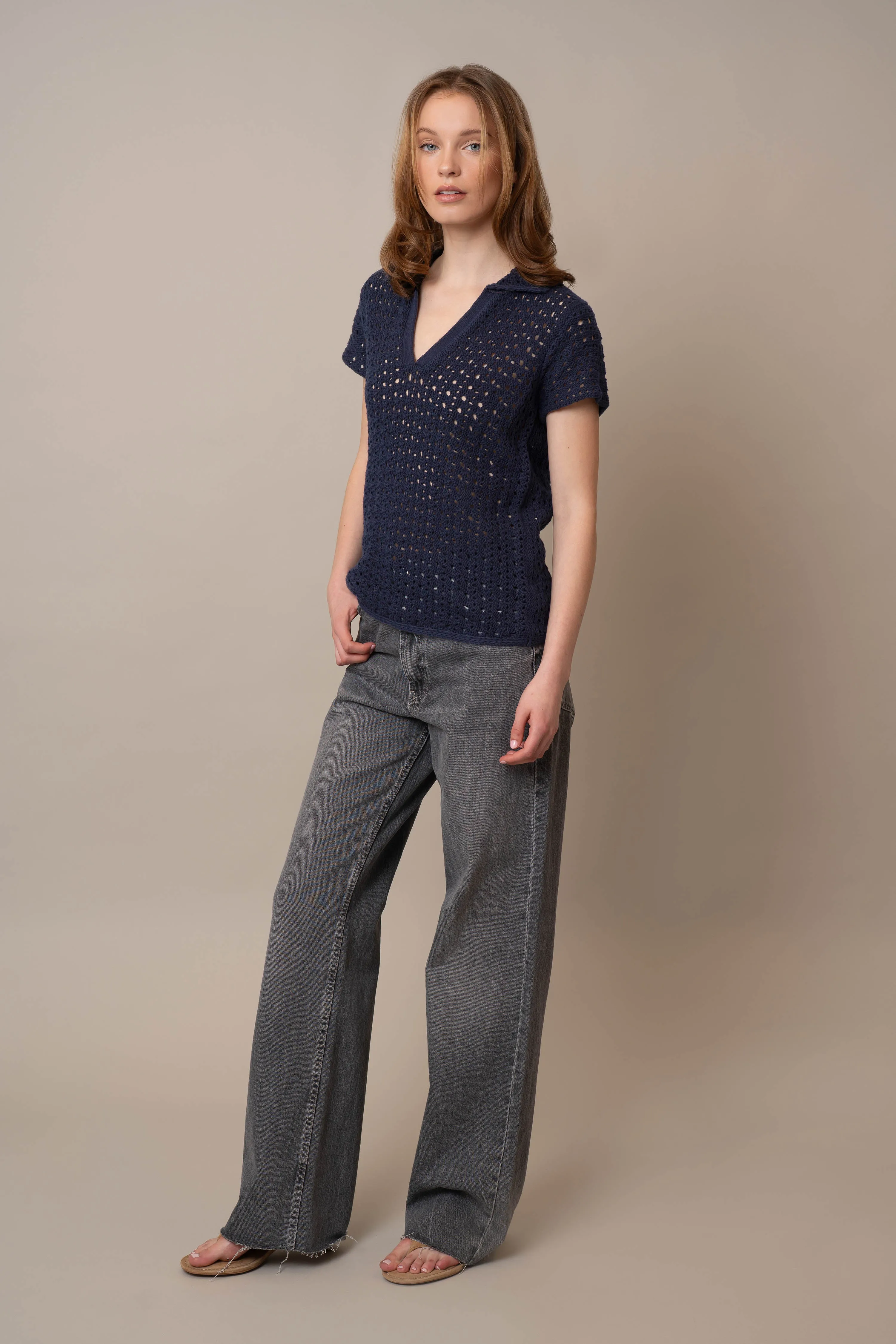 Short Sleeve Crochet Polo office layer