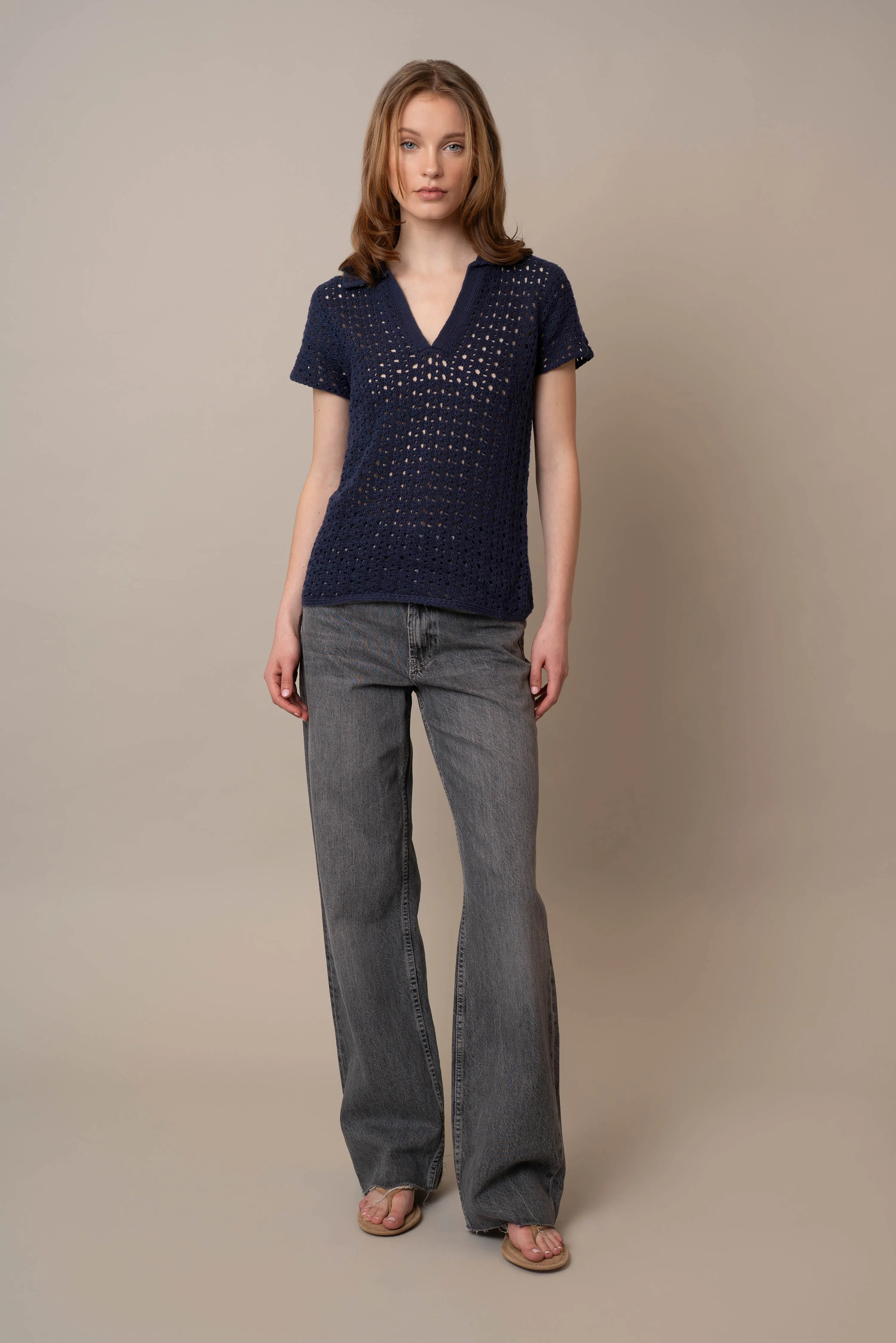 Short Sleeve Crochet Polo office layer