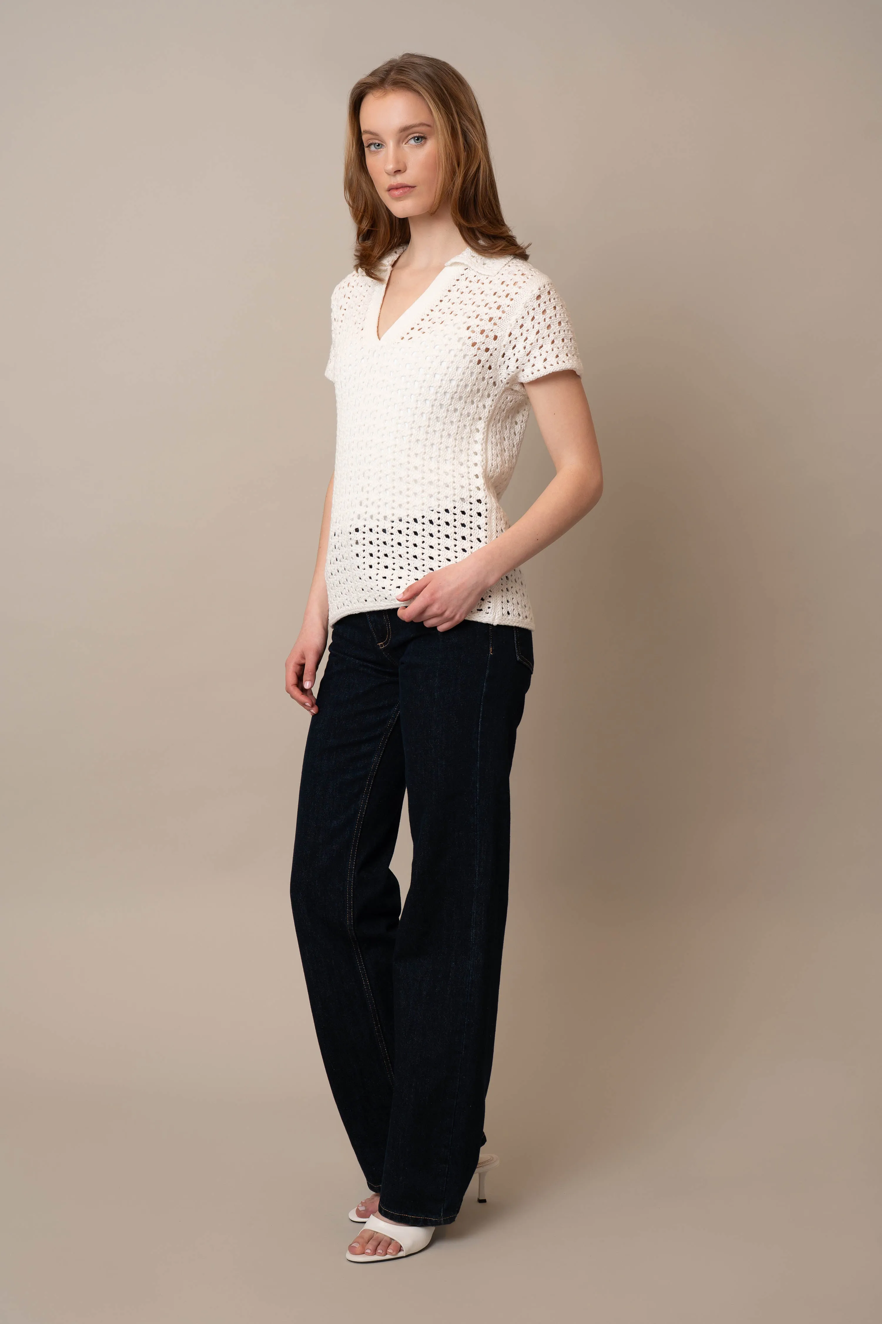 Short Sleeve Crochet Polo office layer