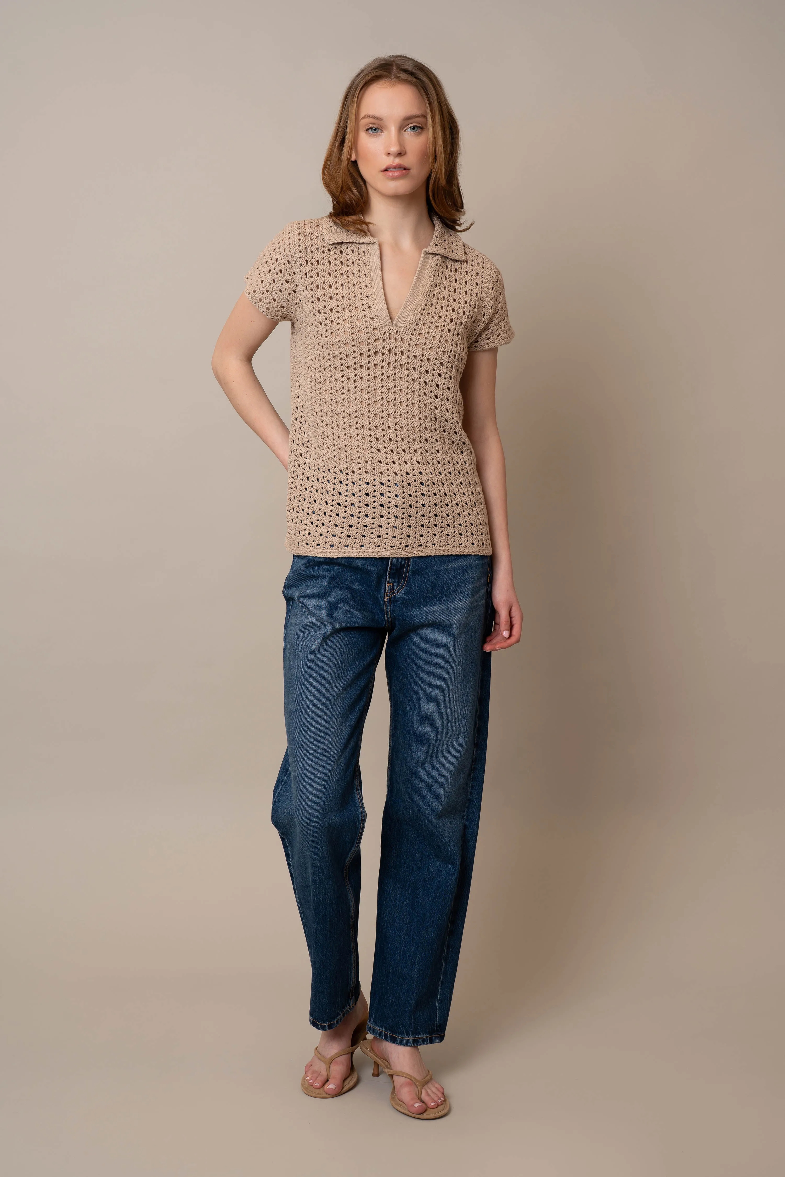 Short Sleeve Crochet Polo office layer