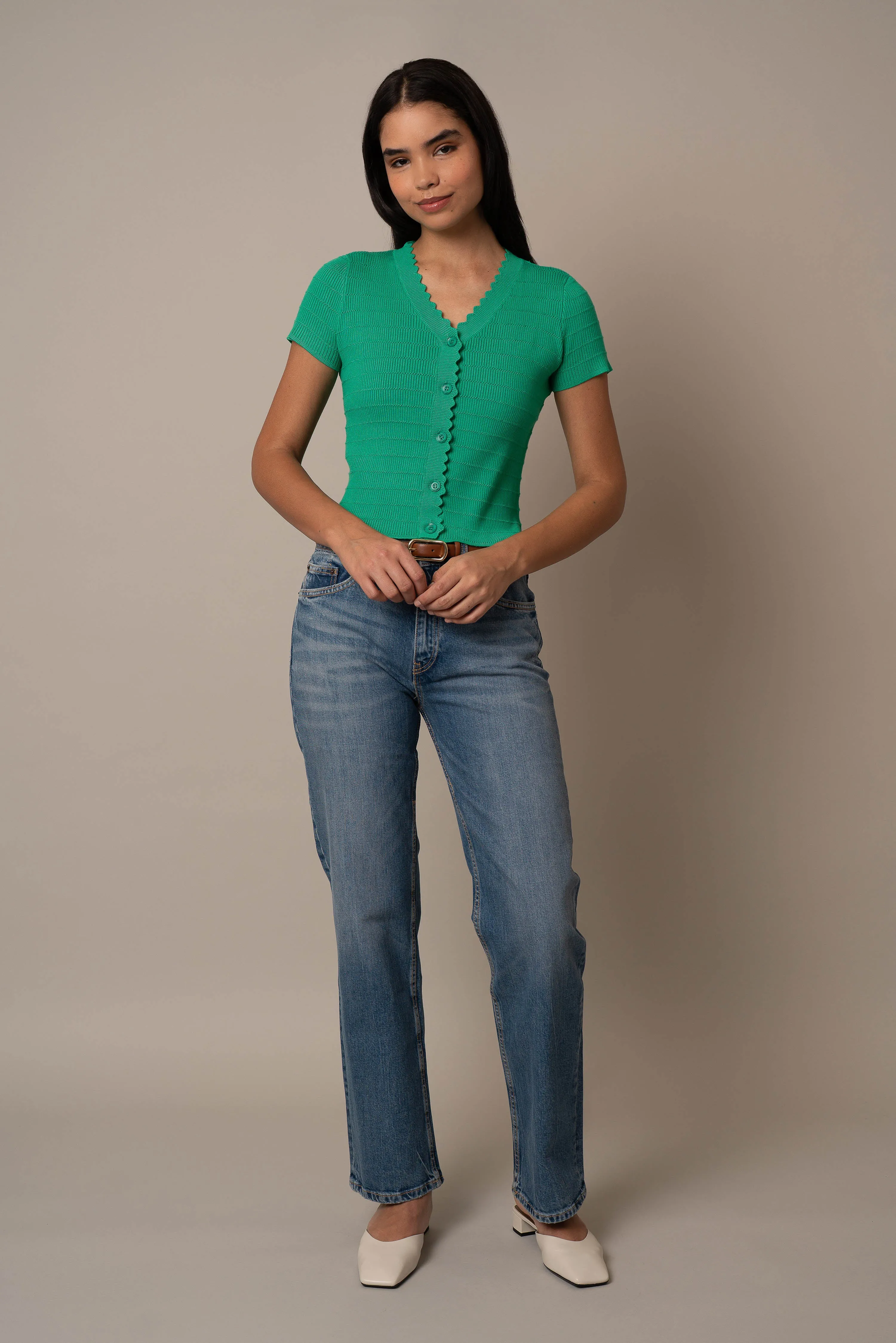 Short Sleeve Scallop Cardigan snug outfit
