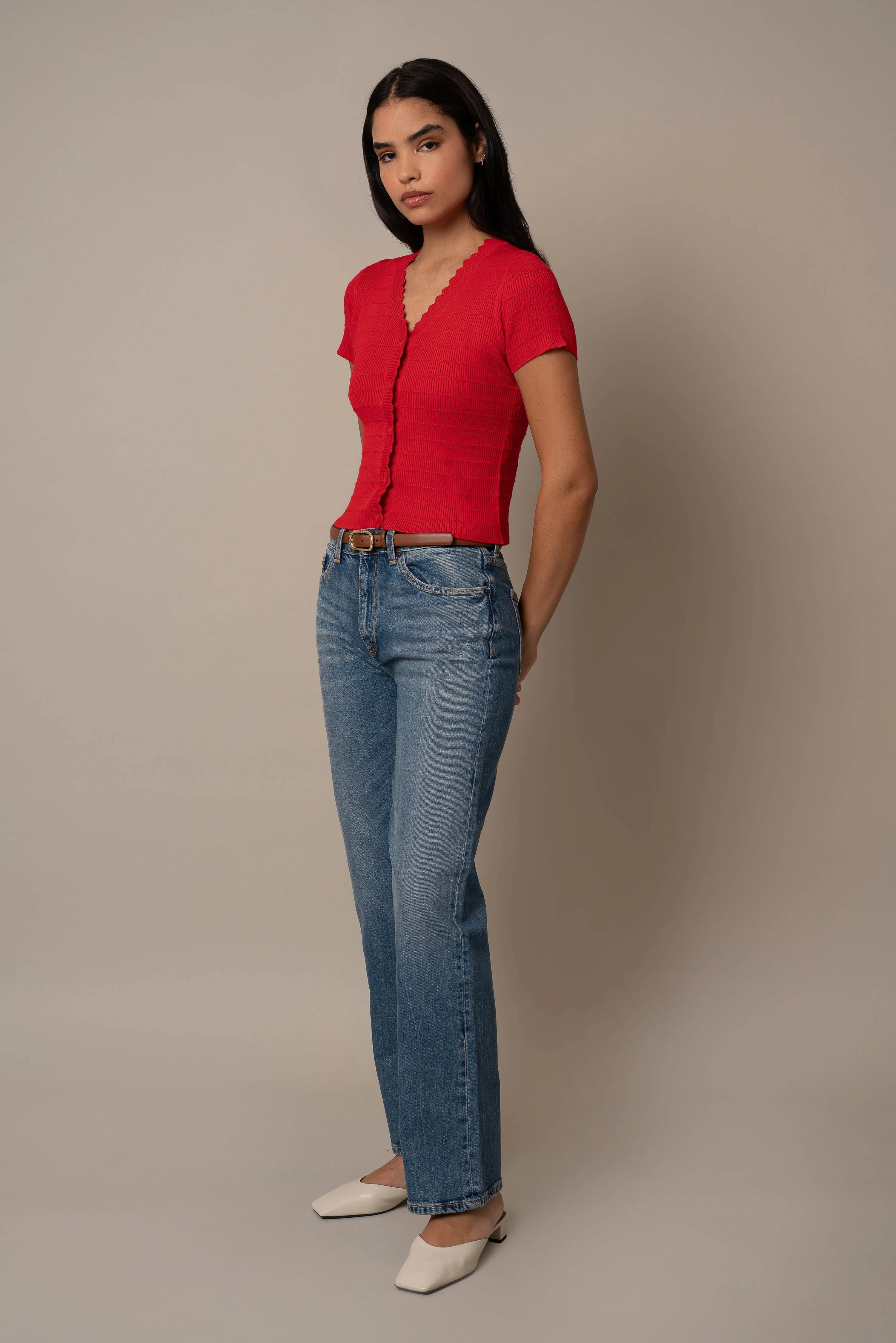 Short Sleeve Scallop Cardigan snug outfit