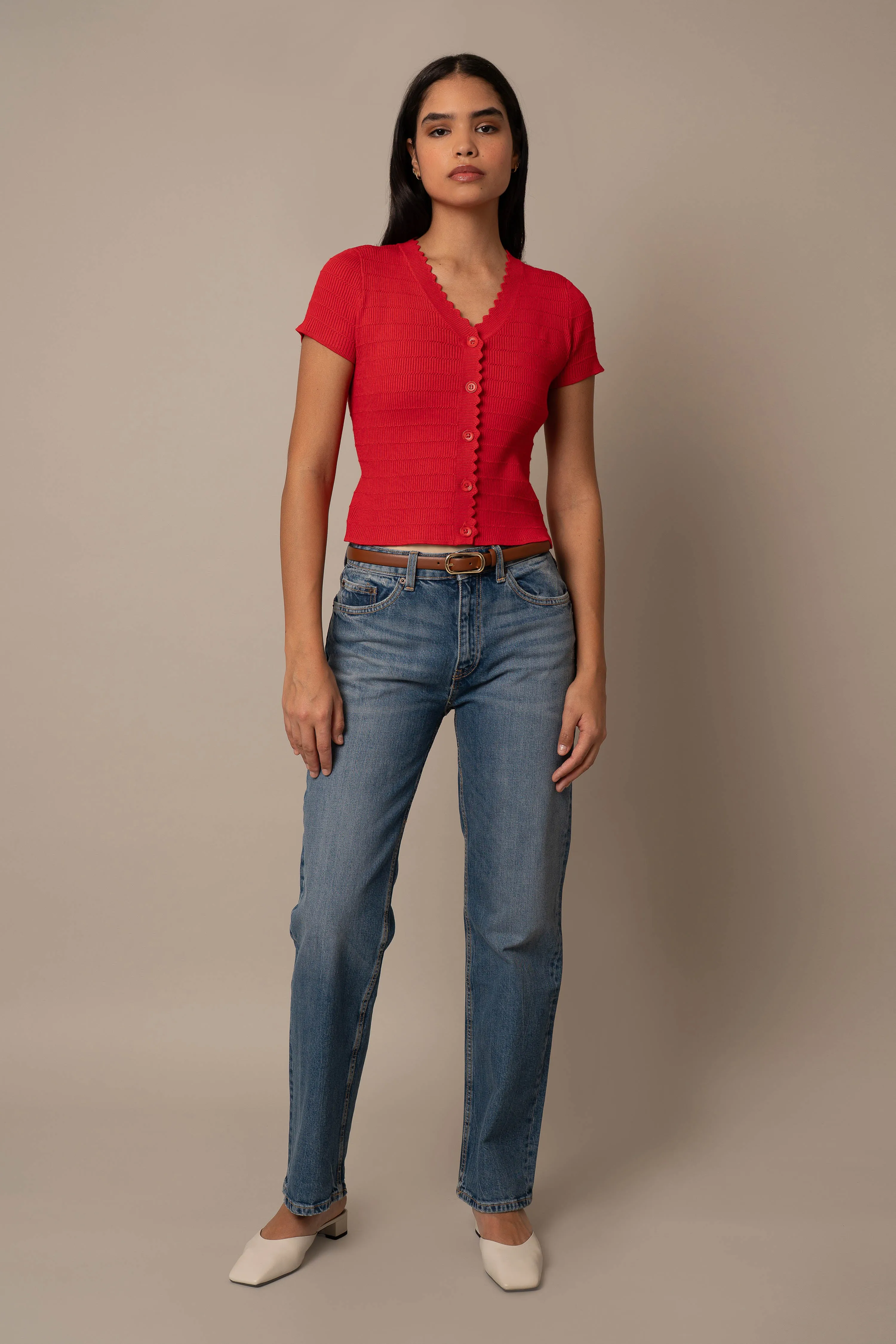 Short Sleeve Scallop Cardigan snug outfit