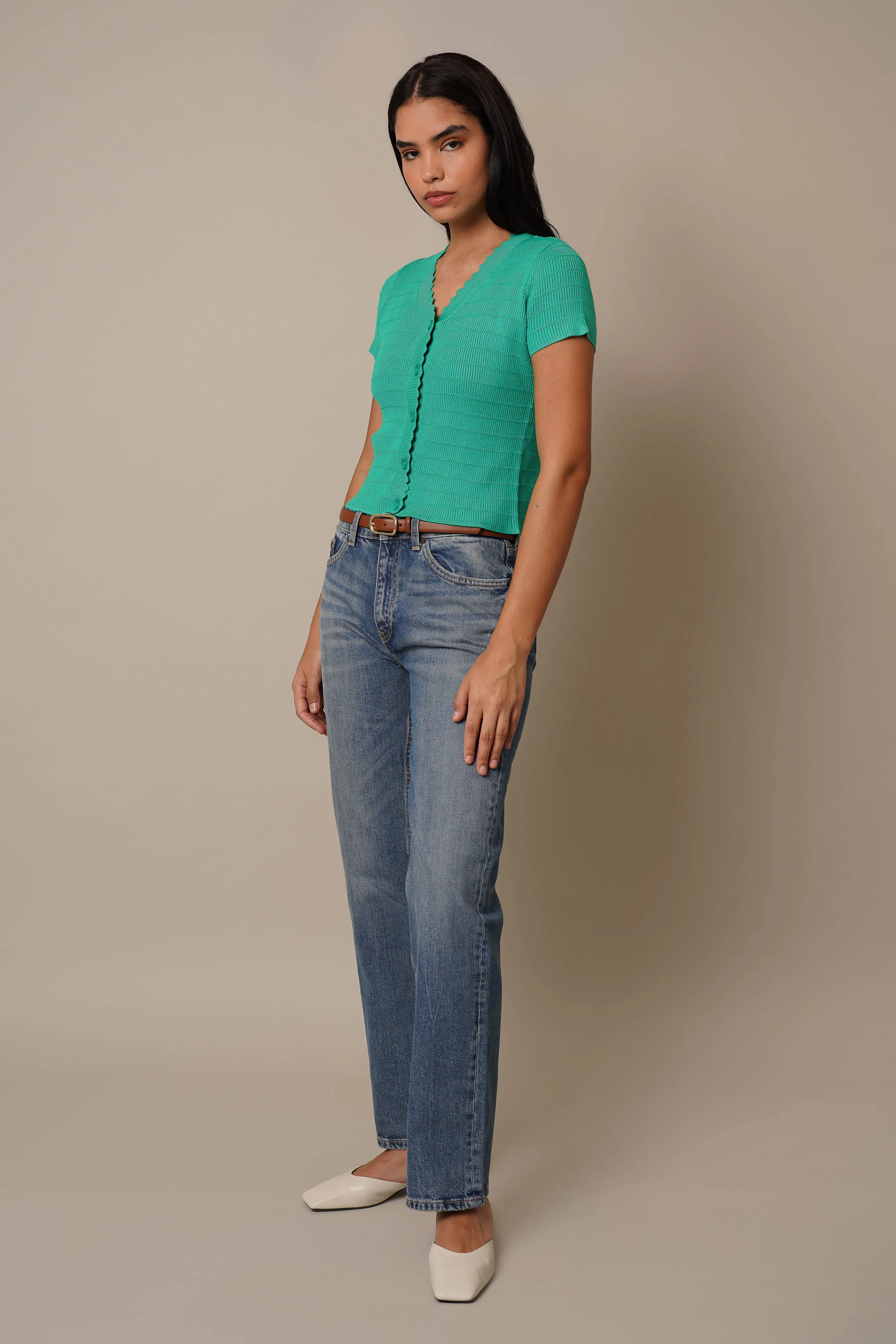 Short Sleeve Scallop Cardigan snug outfit