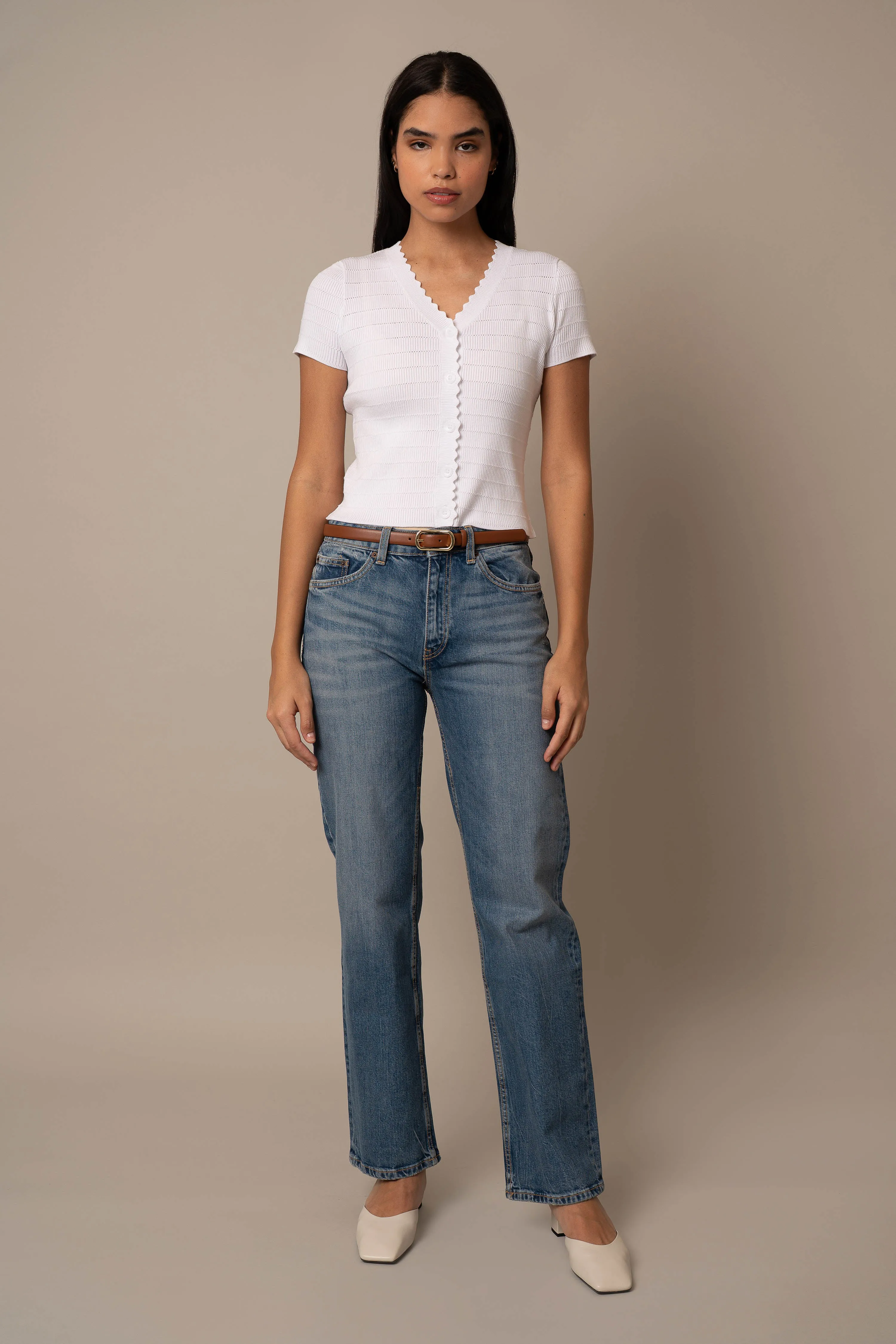 Short Sleeve Scallop Cardigan snug outfit