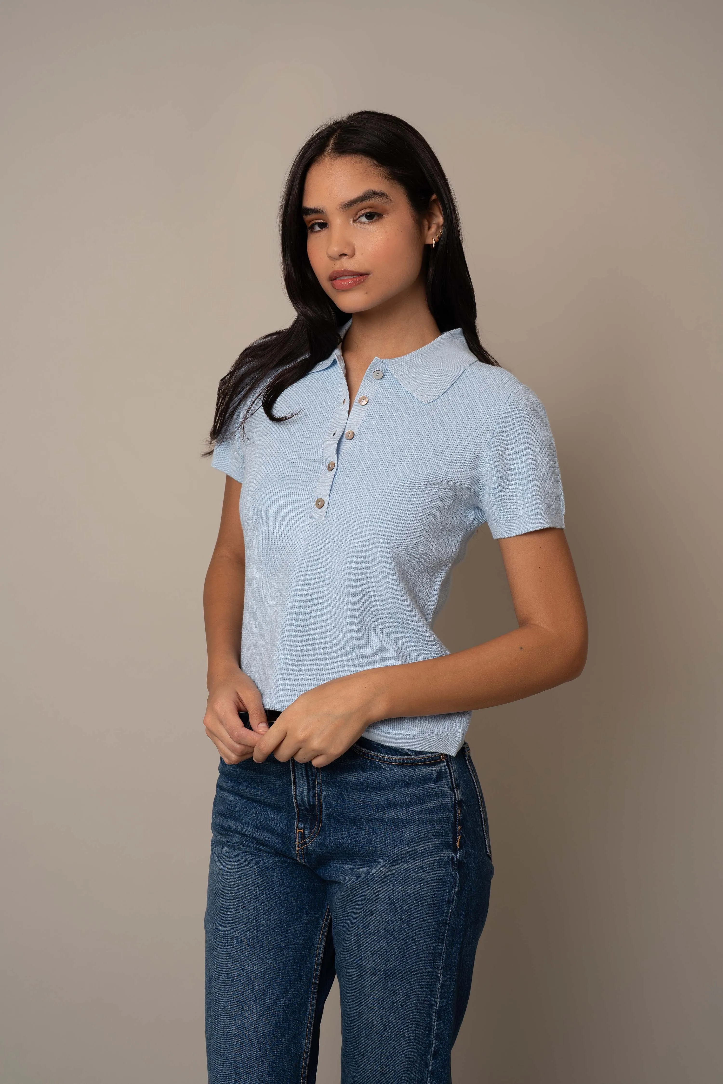Short Sleeve Waffle Pullover airport look