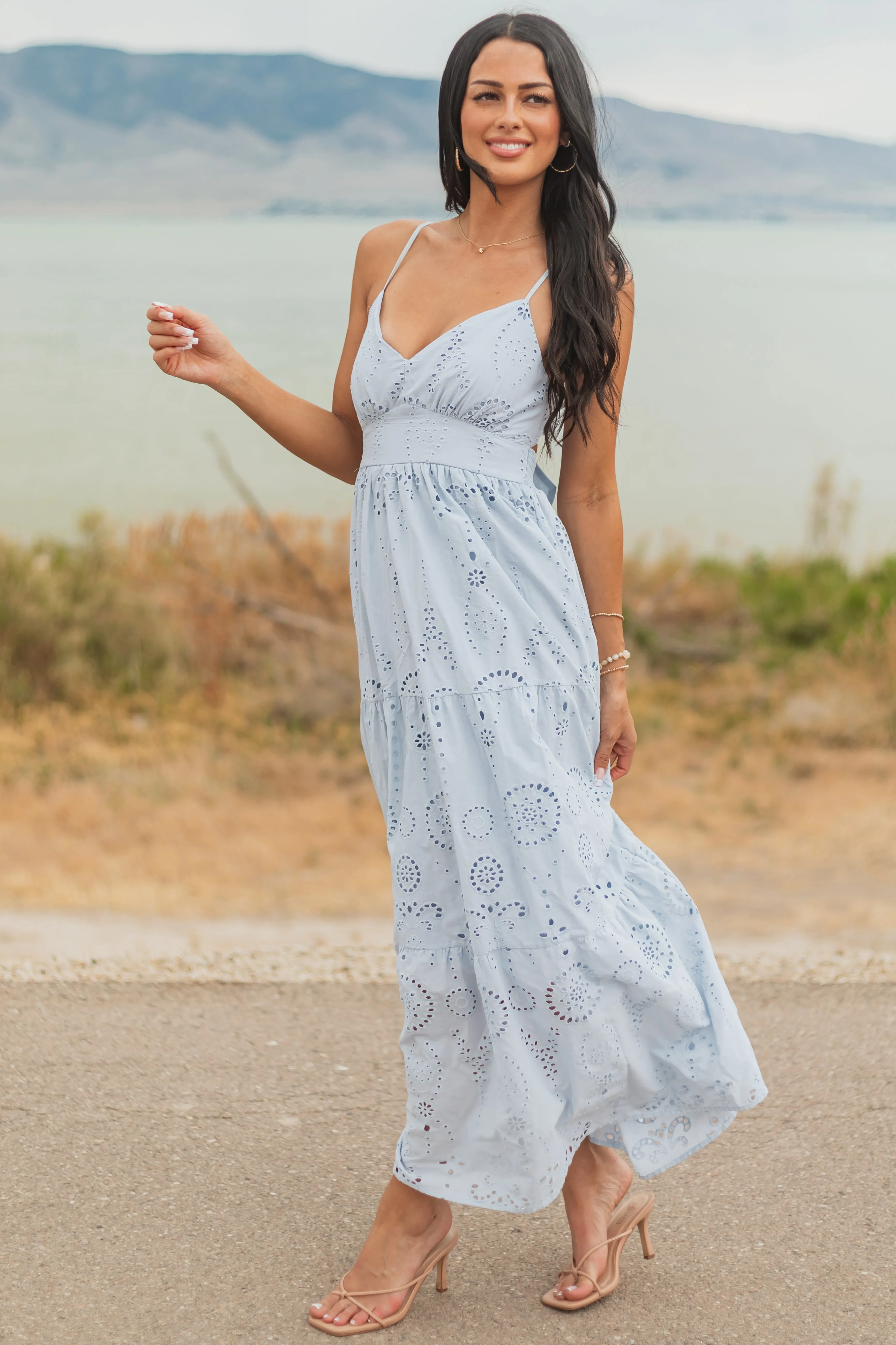 Sky Blue Floral Eyelet Sleeveless Cotton Maxi Dress classic design
