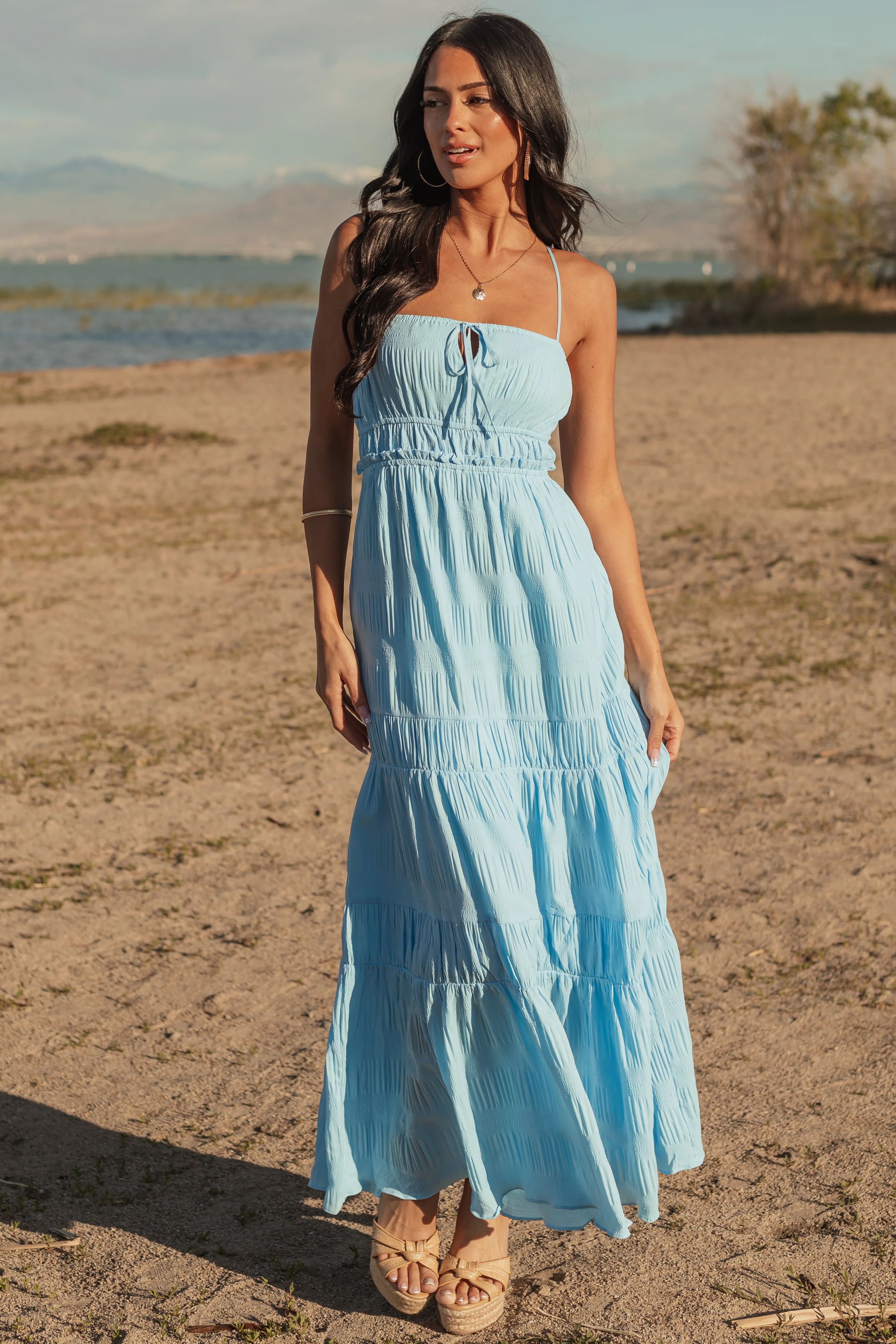 Sky Blue Ruched Tiered Sleeveless Maxi Dress glamorous look