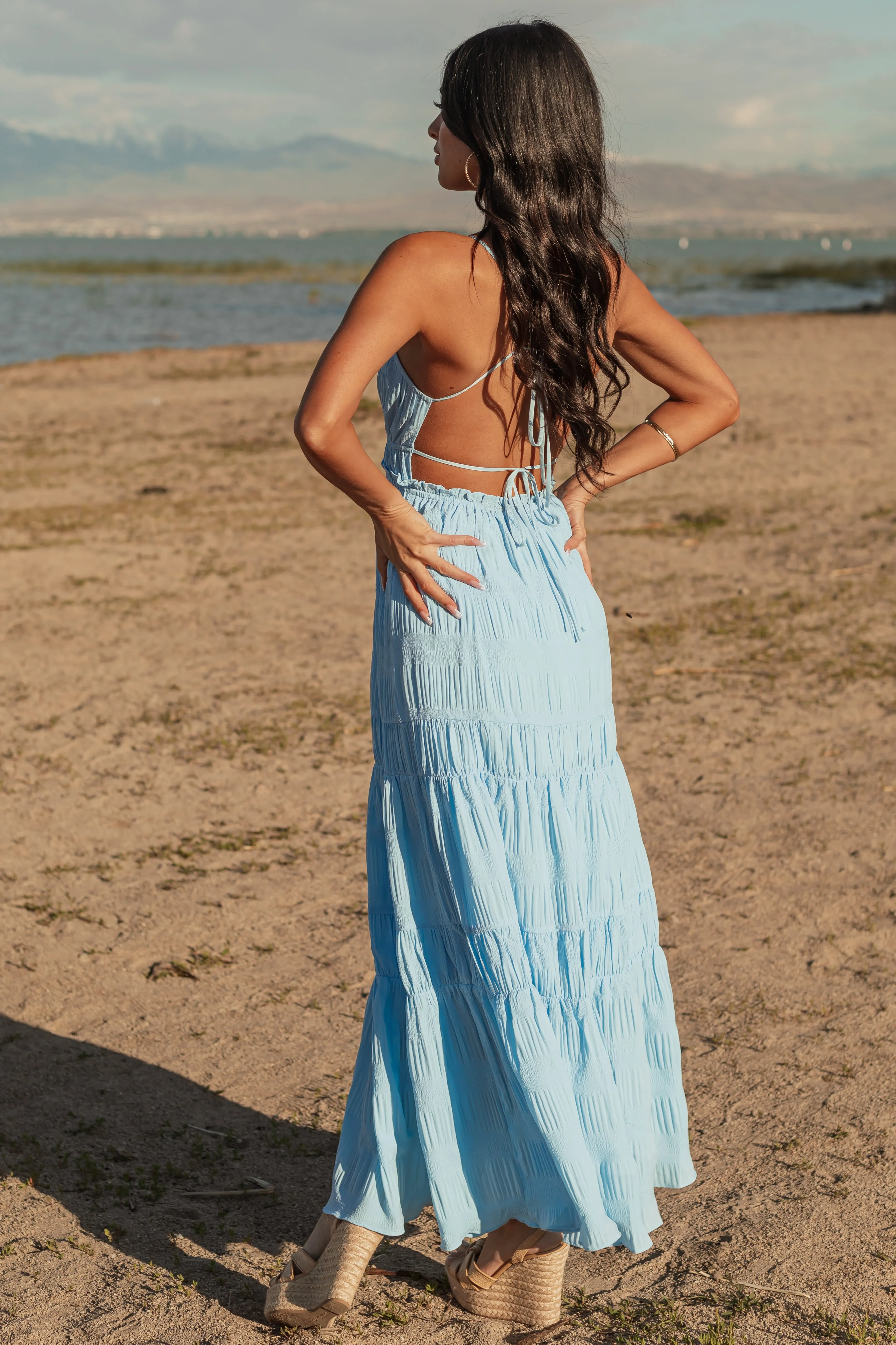 Sky Blue Ruched Tiered Sleeveless Maxi Dress glamorous look