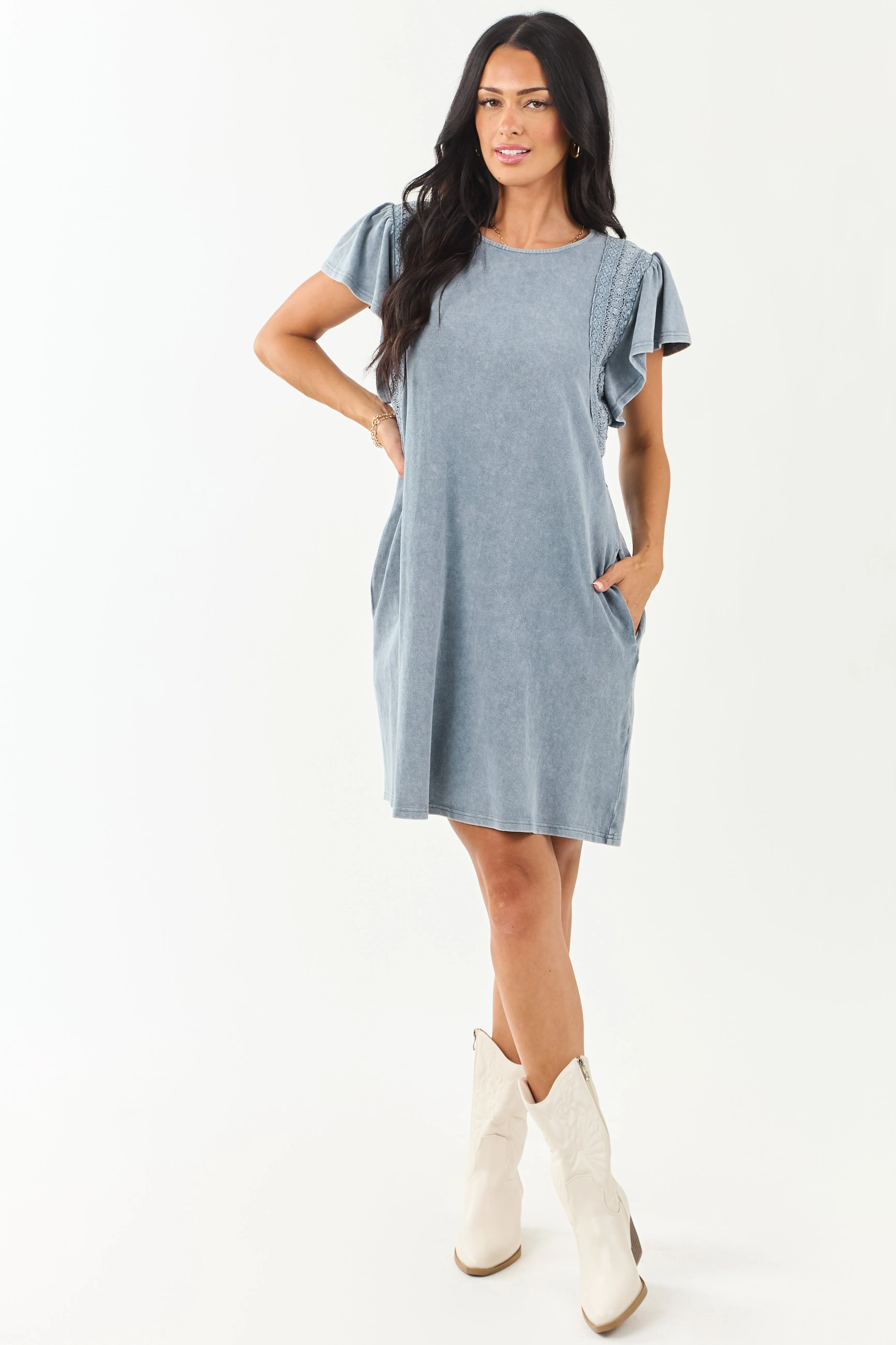 Slate Blue Washed Lace Detail Ruffle Mini Dress cocktail dress