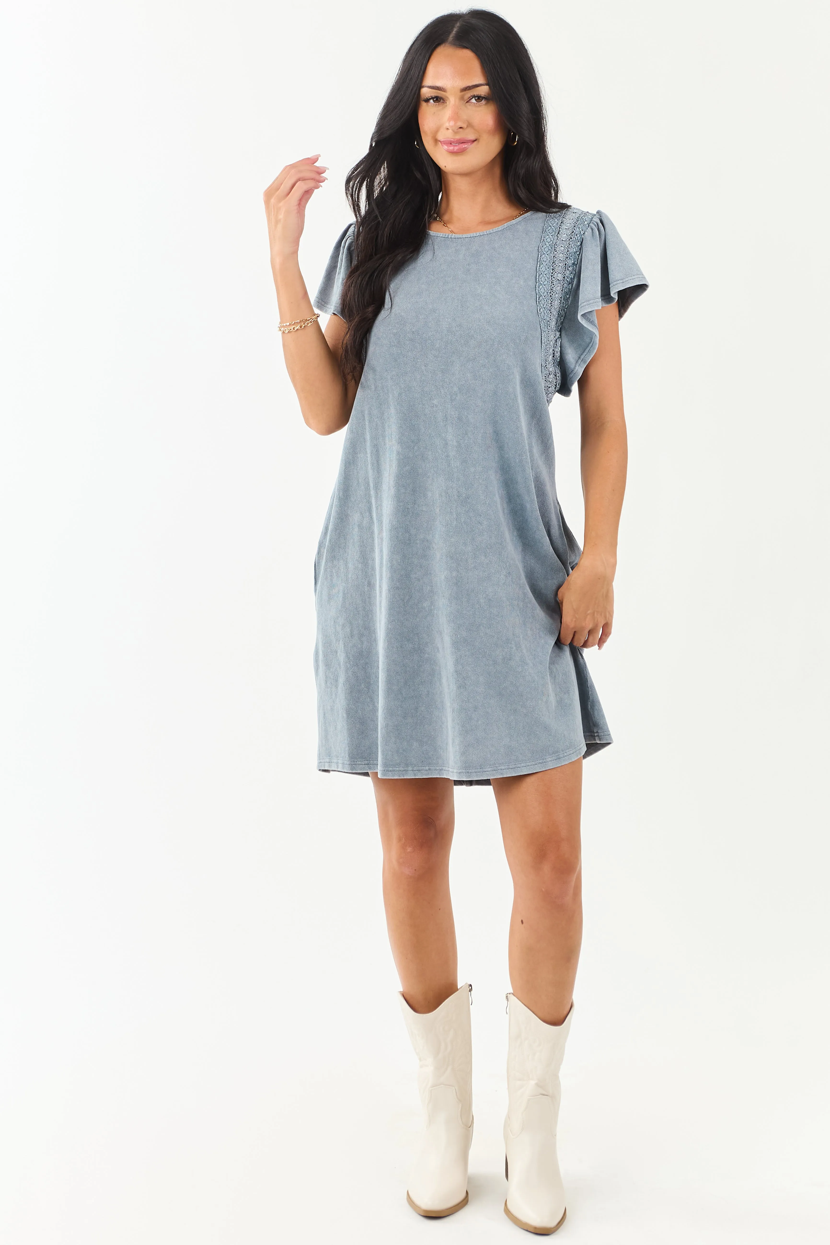Slate Blue Washed Lace Detail Ruffle Mini Dress cocktail dress