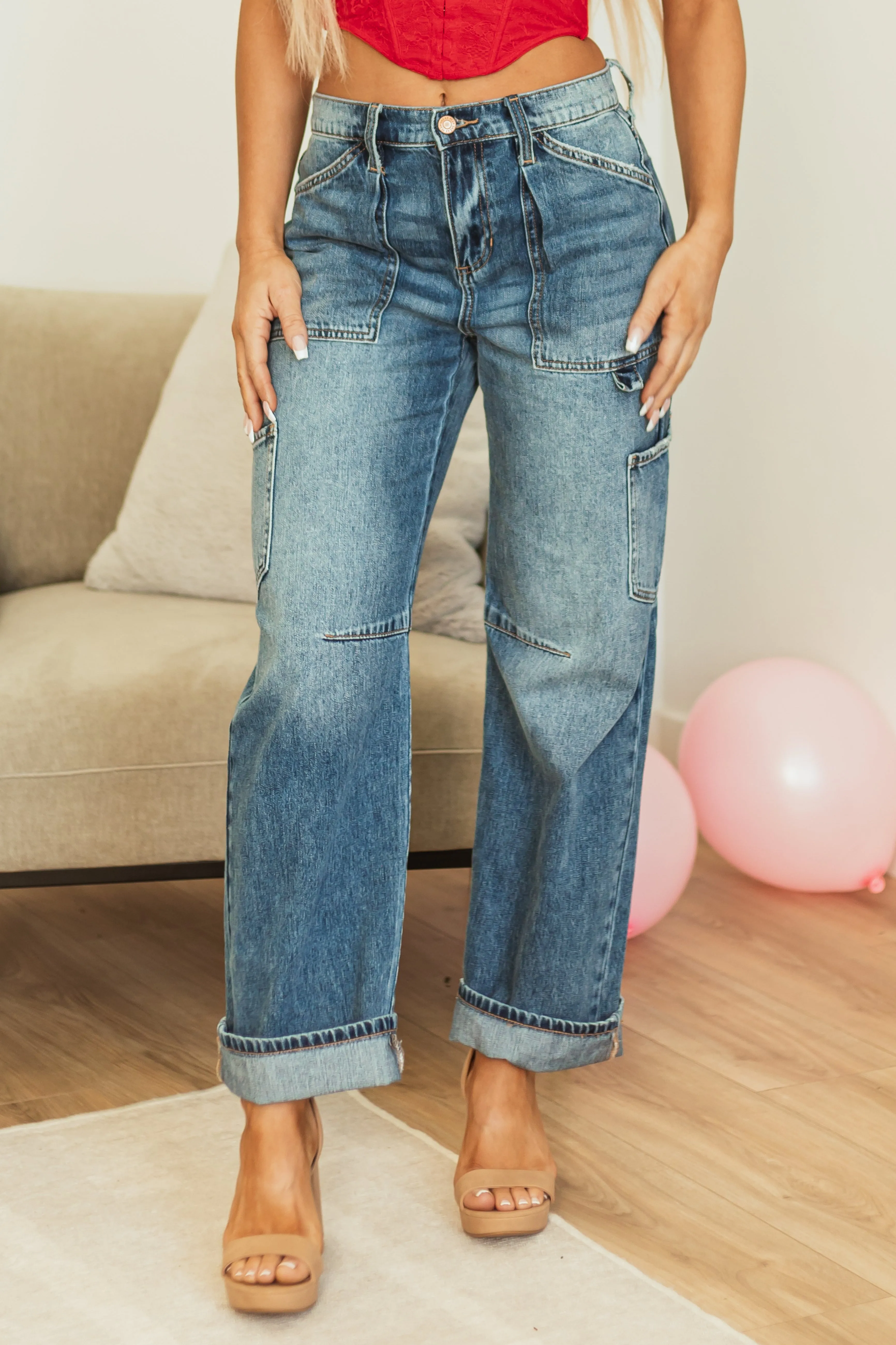 Sneak Peek Medium Wash Utility Straight Jeans vibe strong