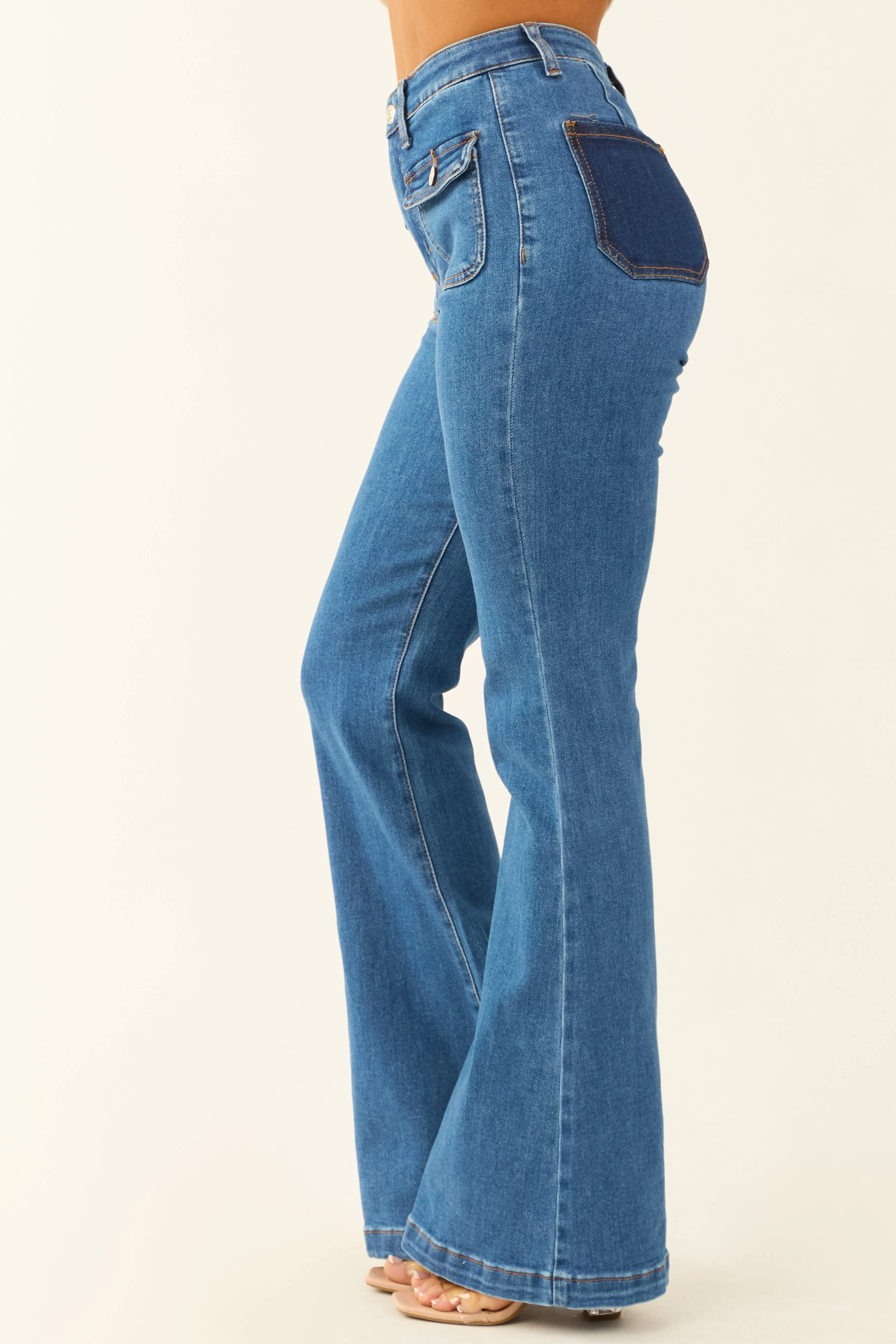 Special A Medium Dark Wash Tummy Control Flare Jeans broad fit