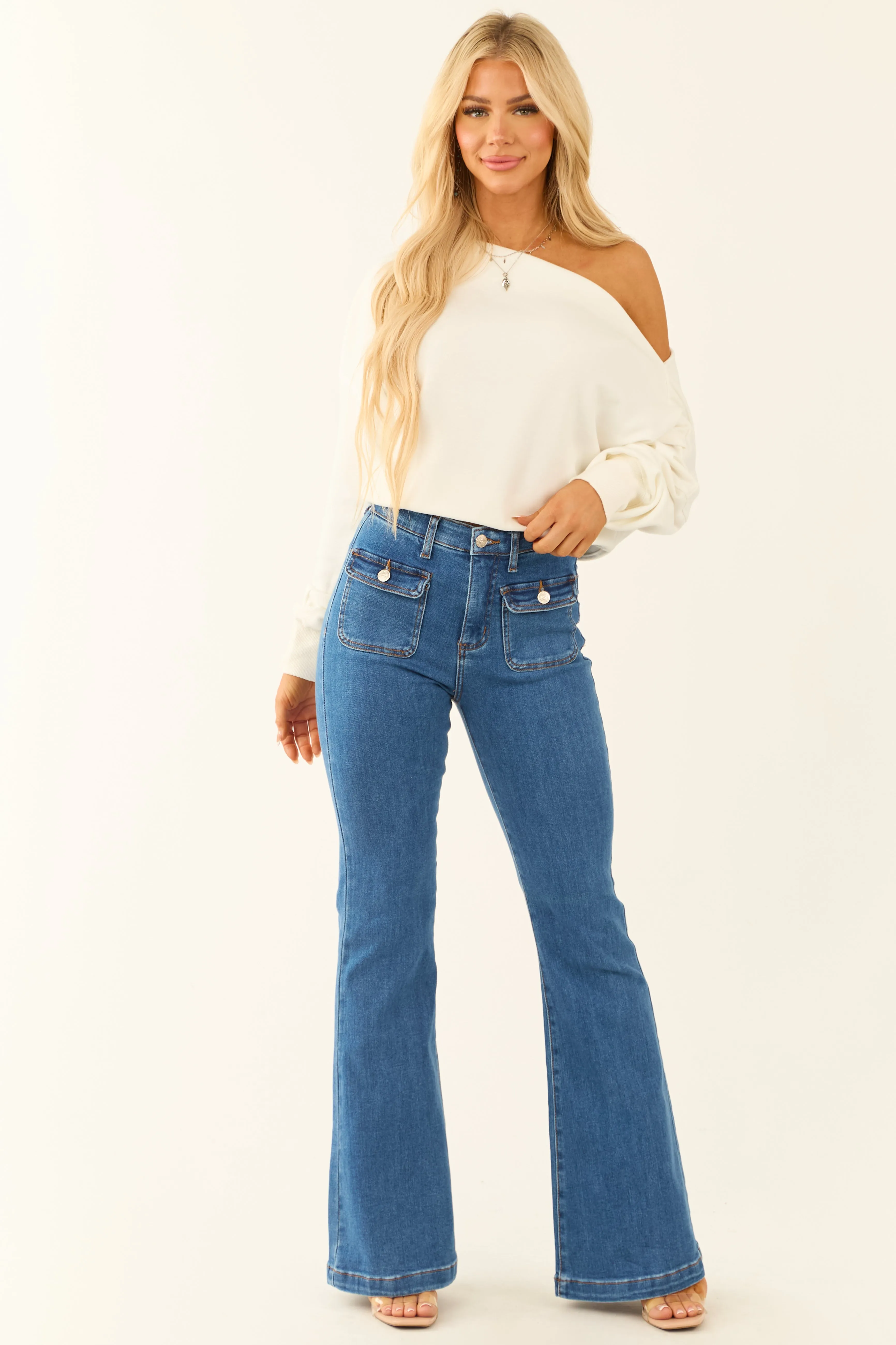 Special A Medium Dark Wash Tummy Control Flare Jeans broad fit