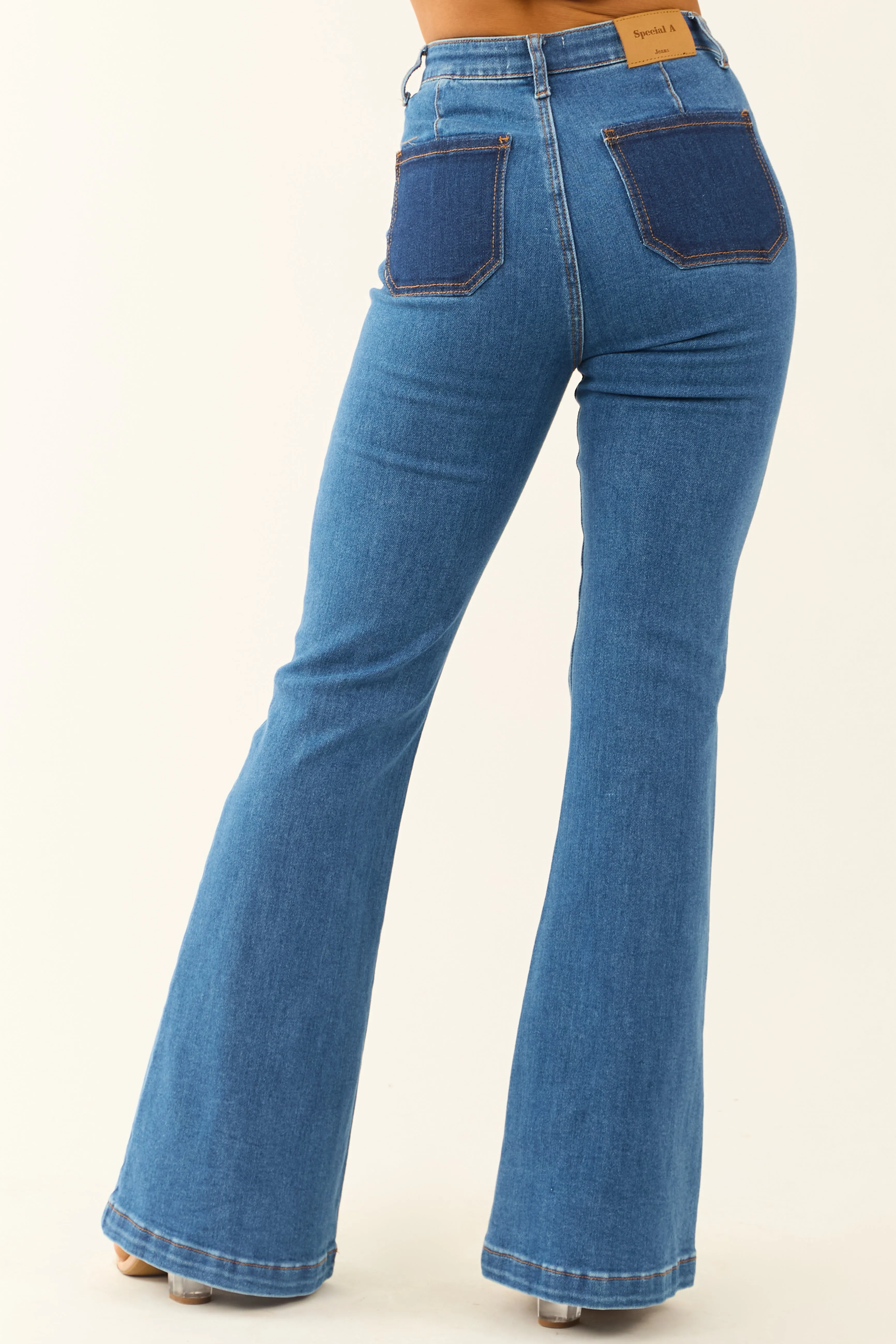 Special A Medium Dark Wash Tummy Control Flare Jeans broad fit