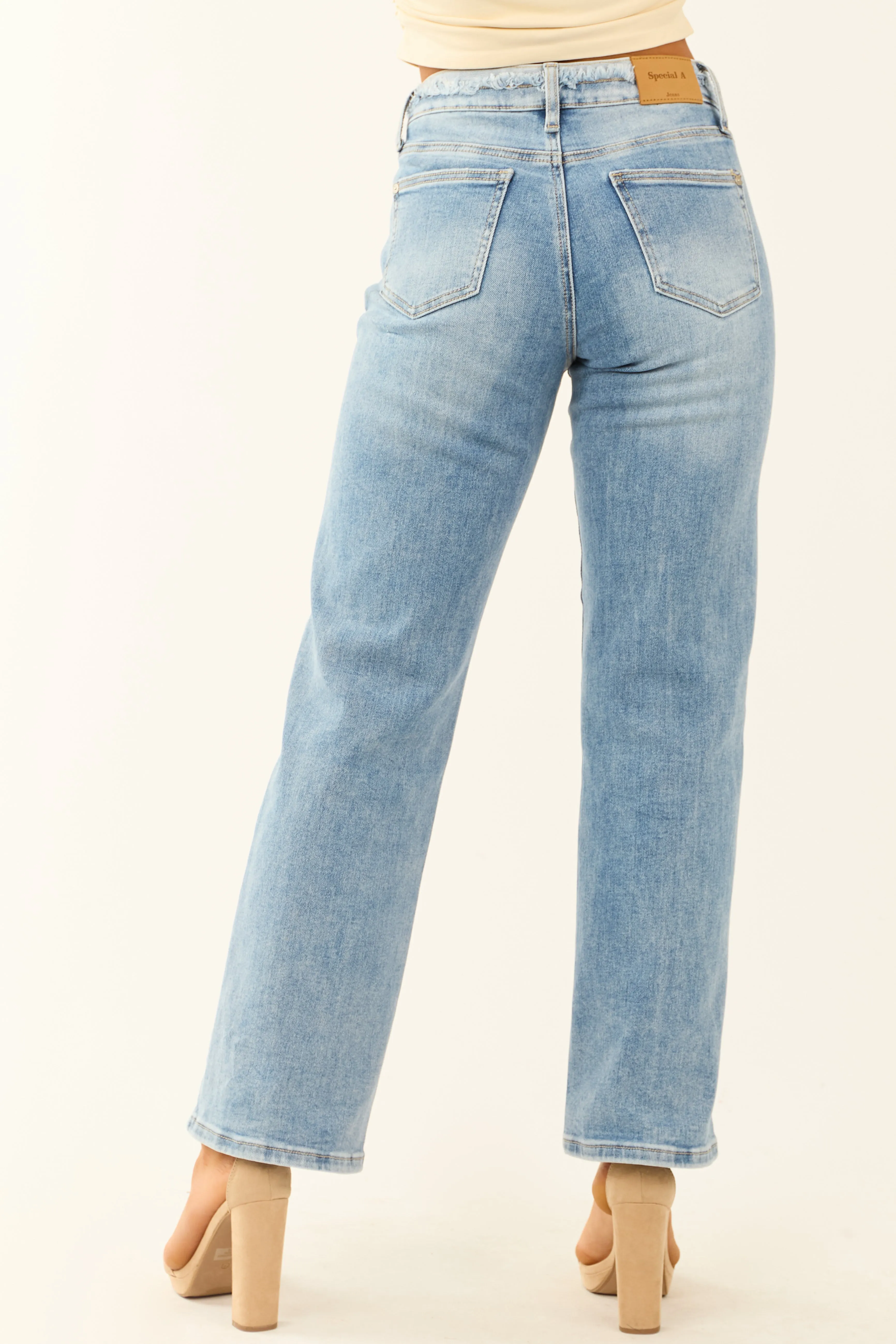 Special A Medium Wash Distressed Straight Leg Jeans clean seam