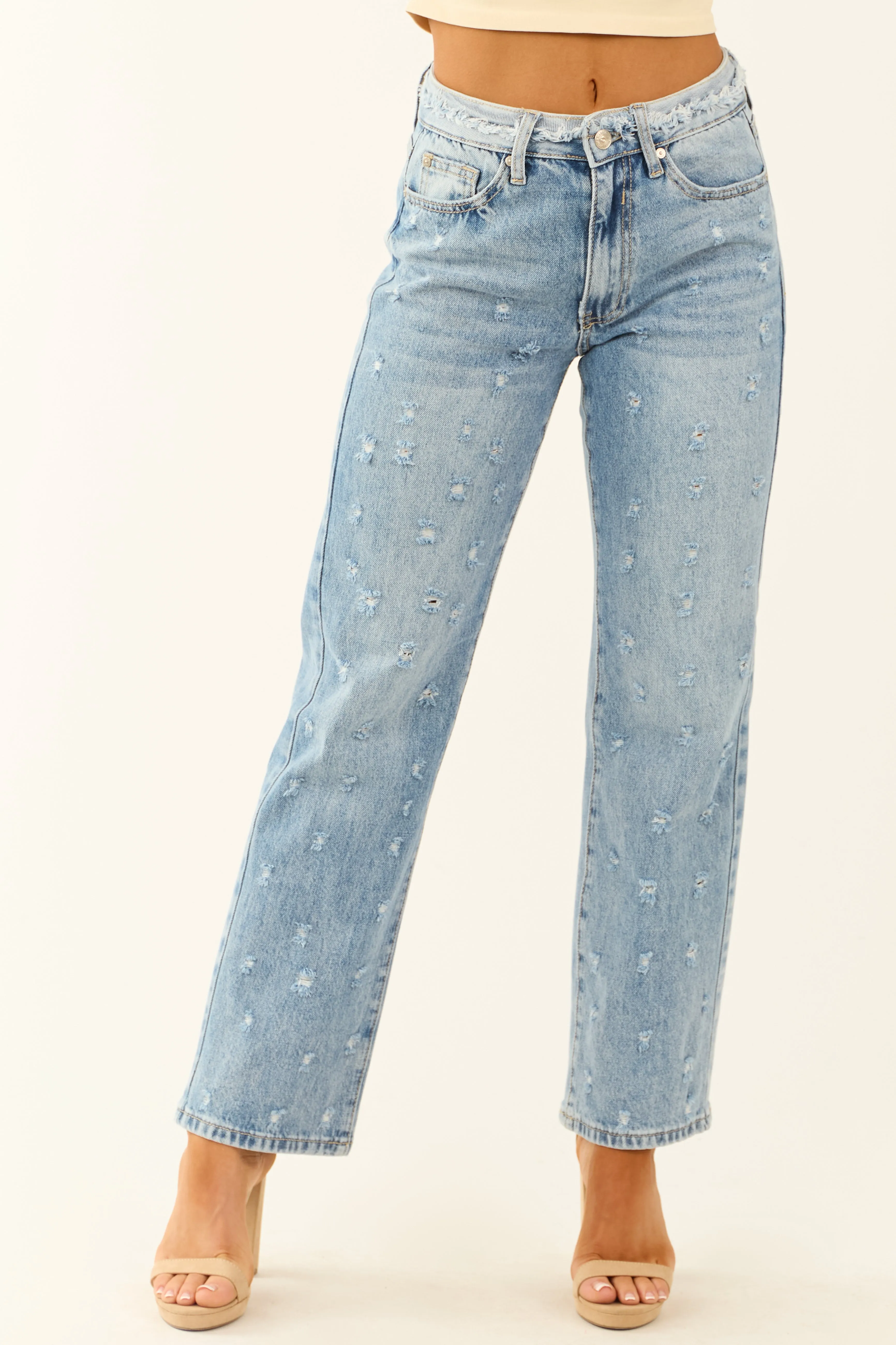 Special A Medium Wash Distressed Straight Leg Jeans clean seam