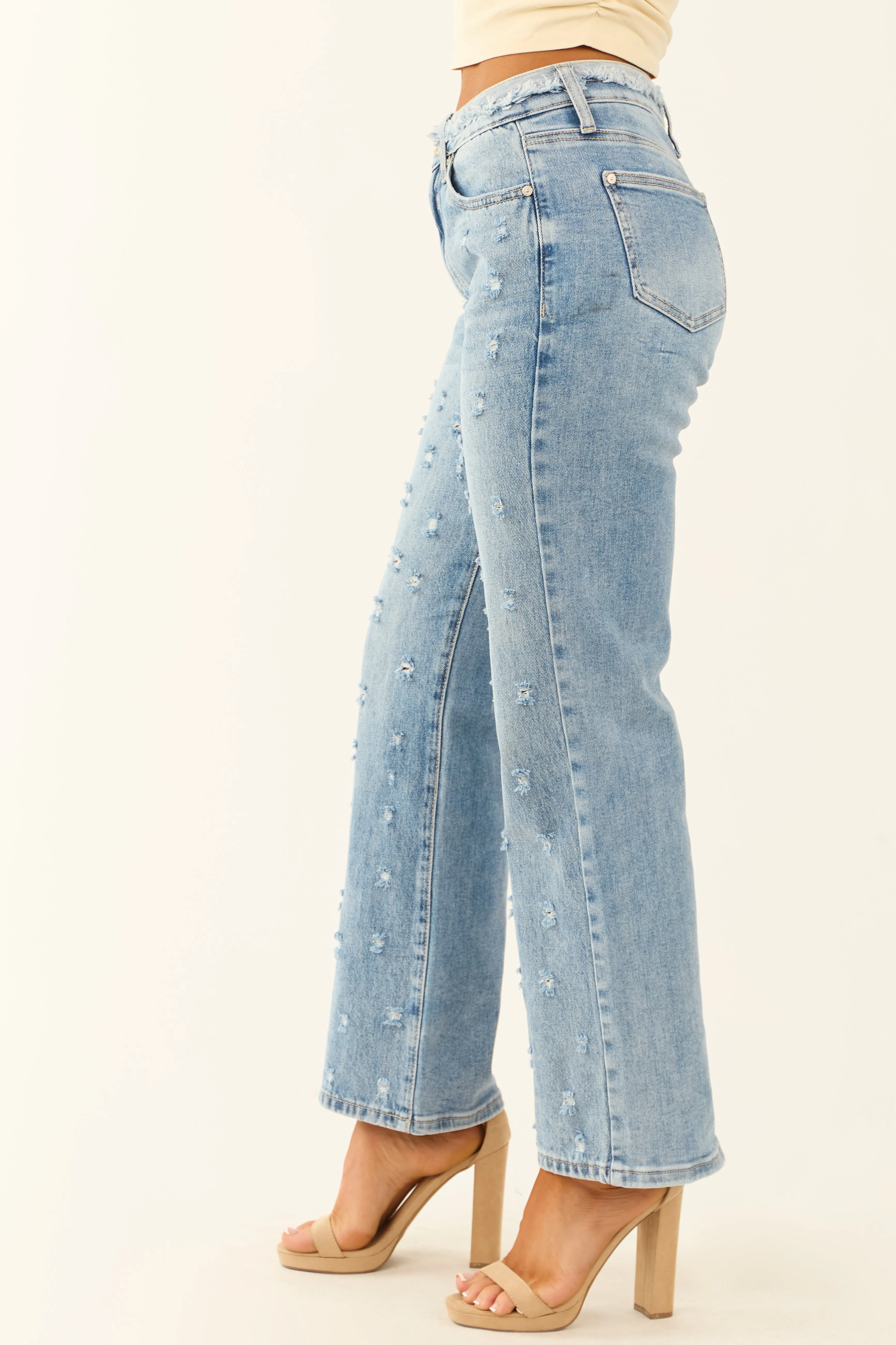 Special A Medium Wash Distressed Straight Leg Jeans clean seam