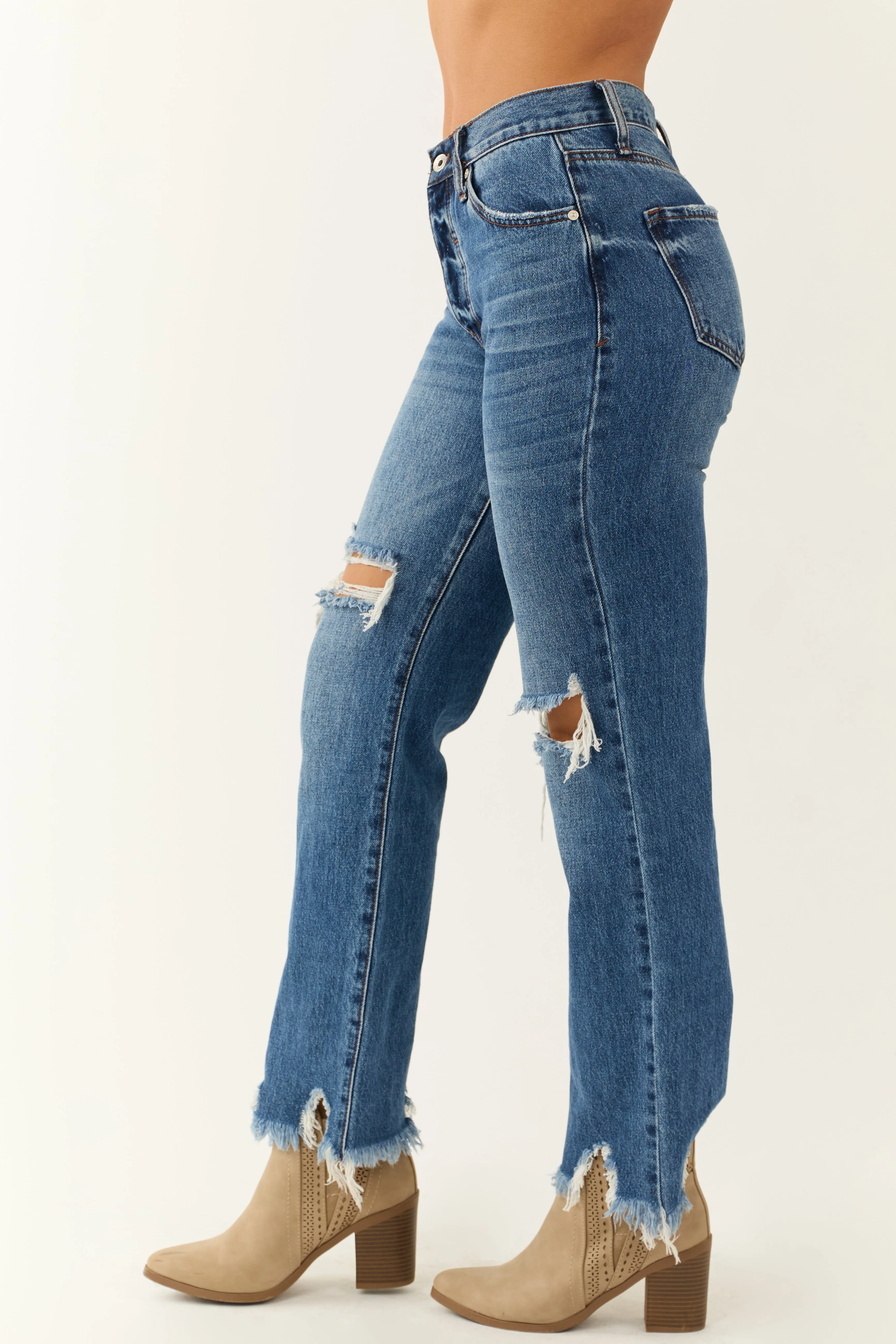 Special A Medium Washed Shark Bite Hem Distressed Jeans look tool