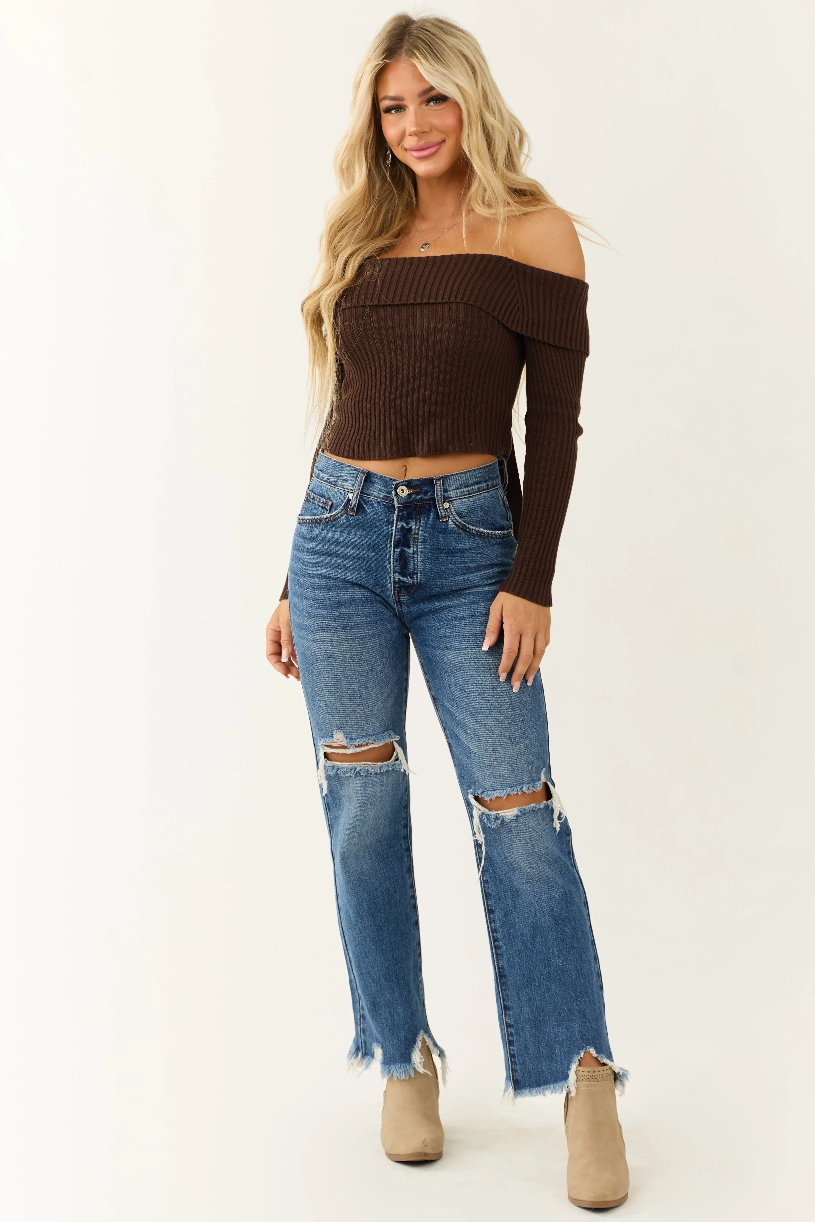 Special A Medium Washed Shark Bite Hem Distressed Jeans look tool