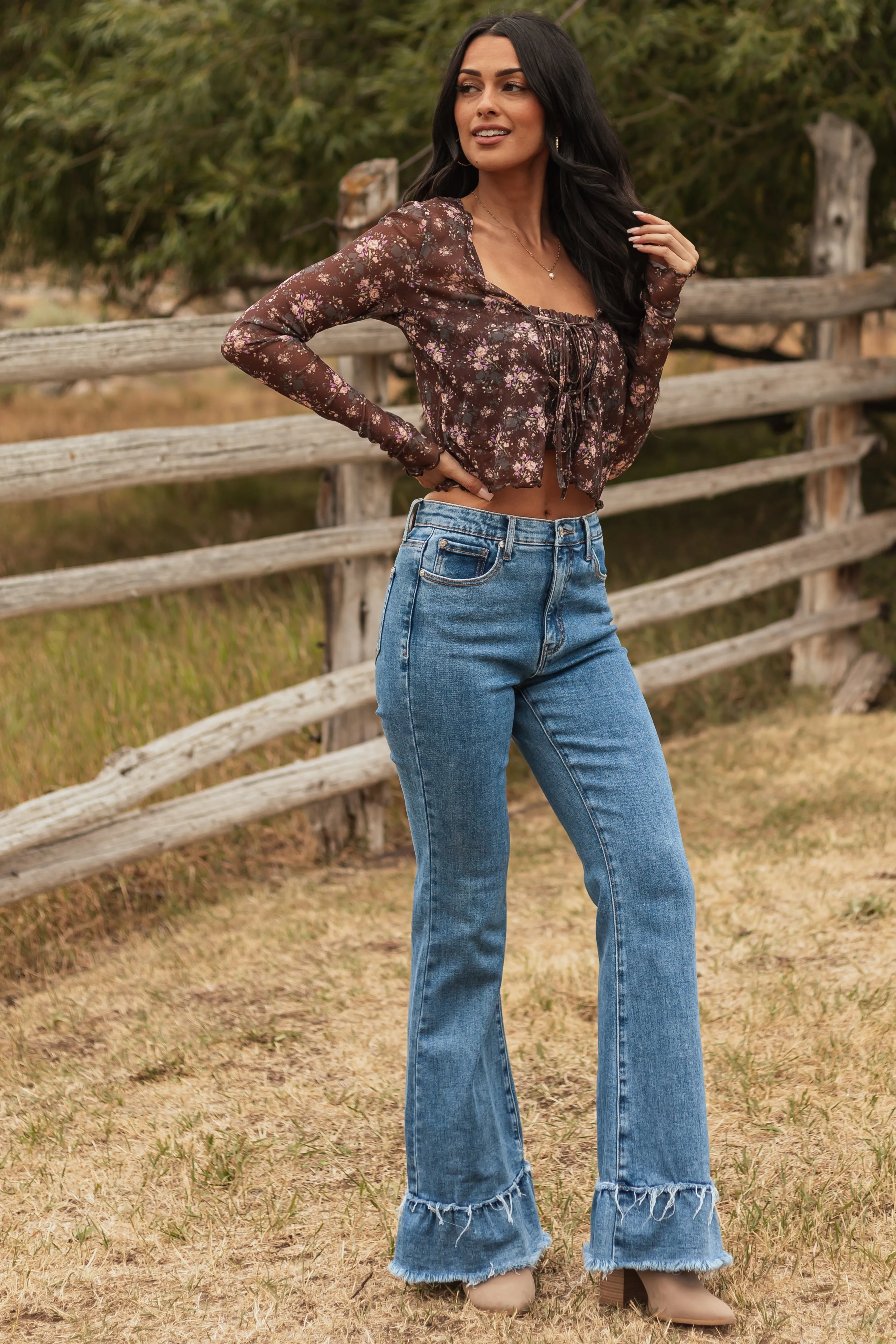 Special A Tummy Control Ruffle Flare Stretchy Jeans visual guide