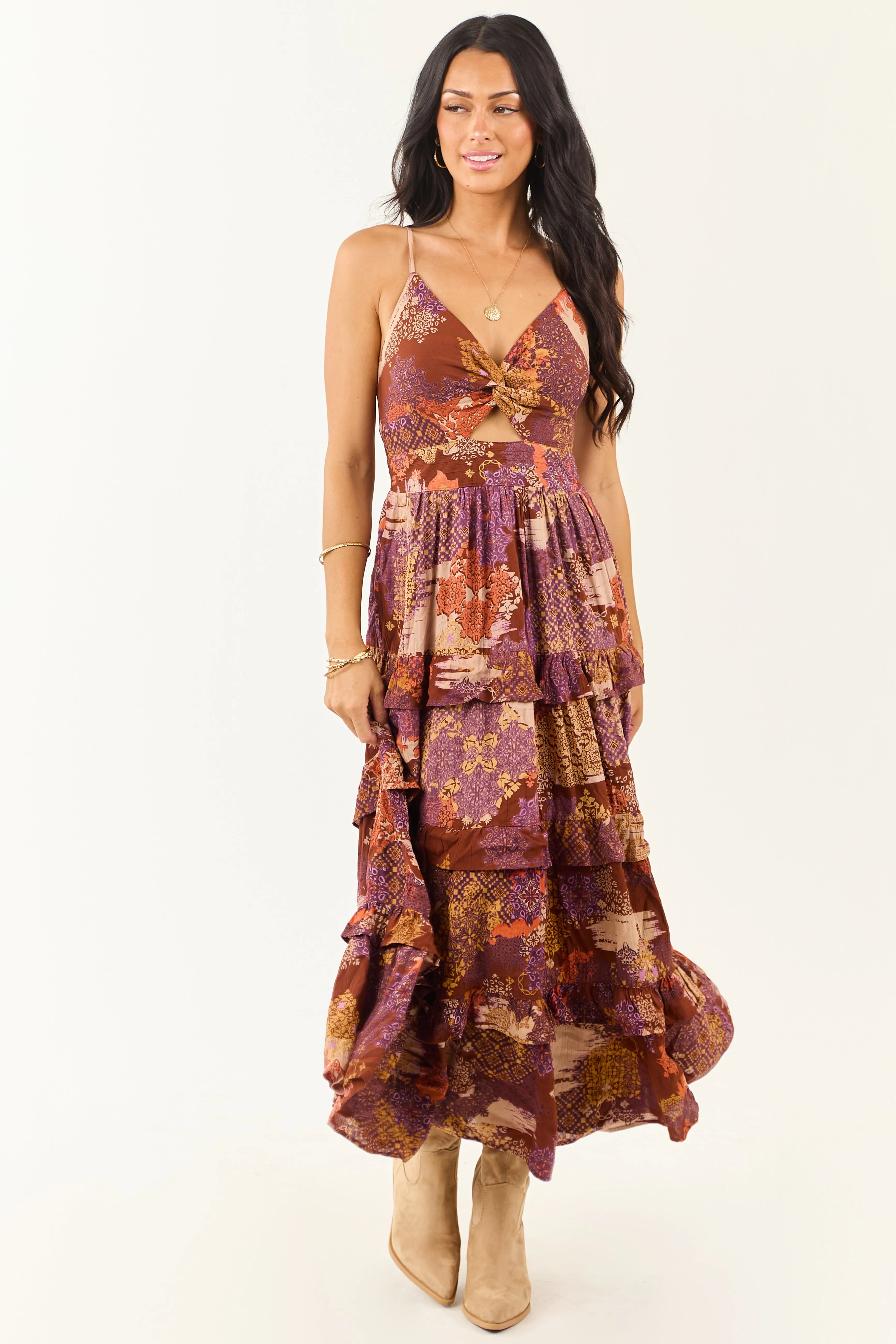 Spice Boho Patchwork Bust Twist Tiered Midi Dress stretch fabric
