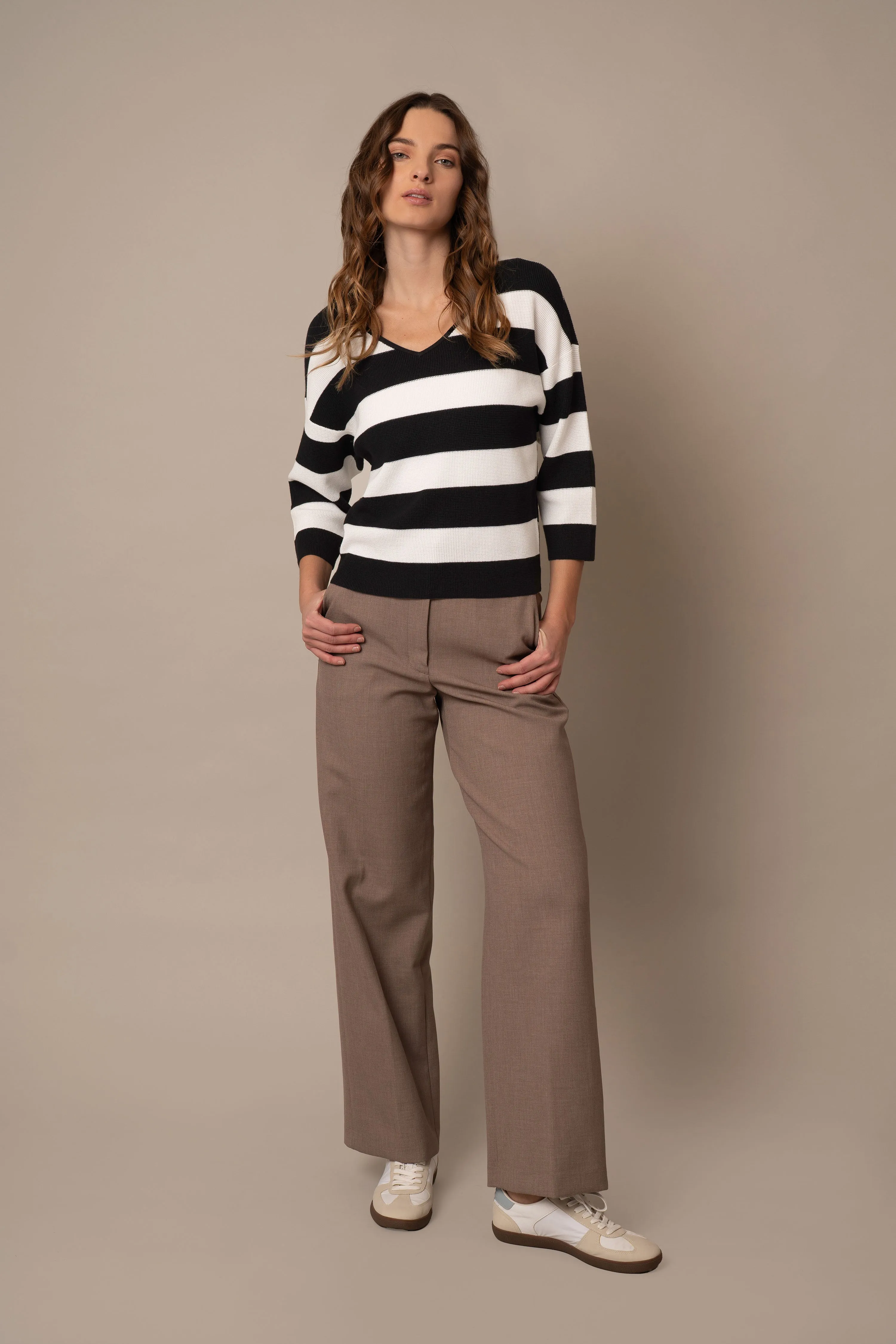 Striped Waffle V-Neck Pullover snug fit
