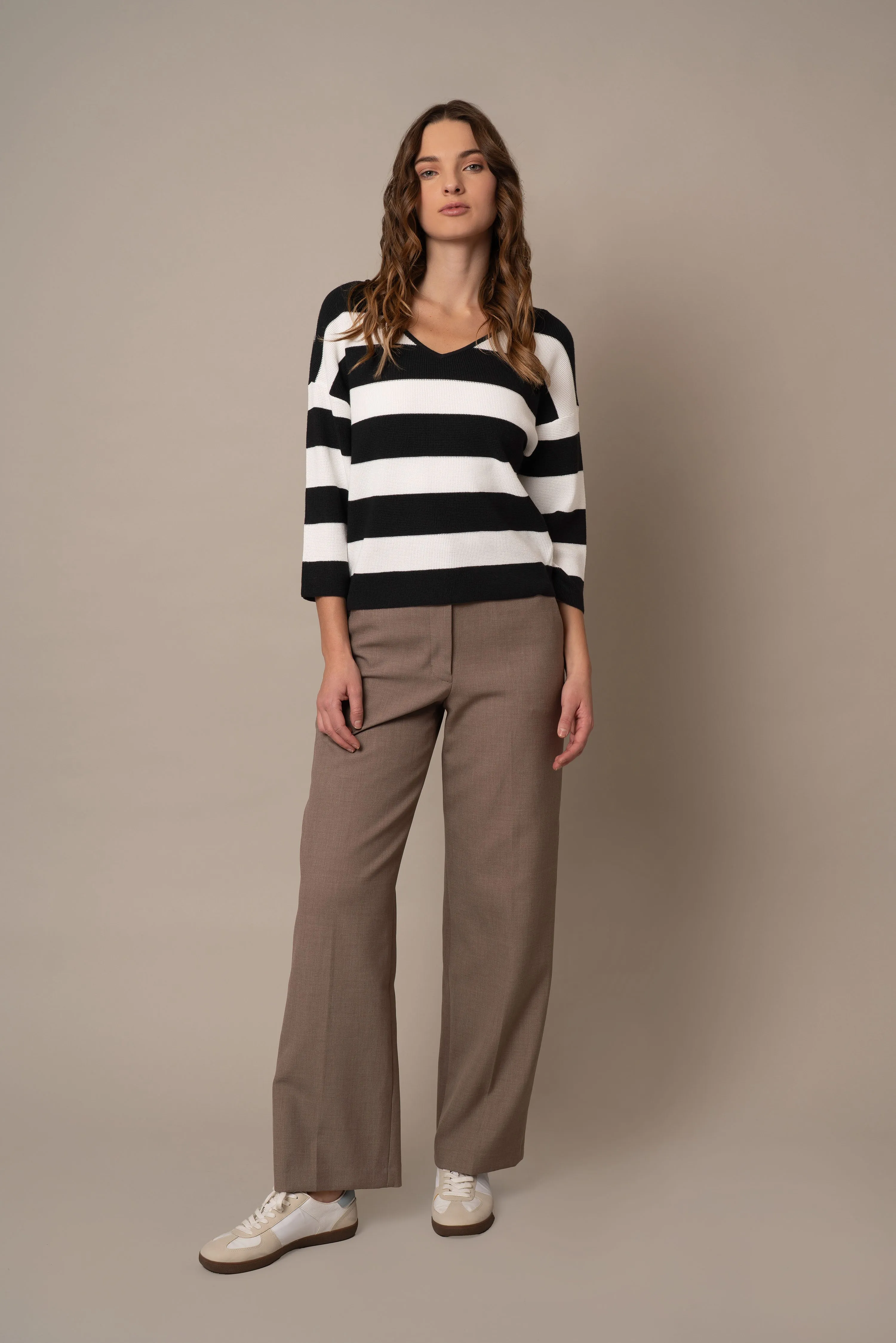 Striped Waffle V-Neck Pullover snug fit