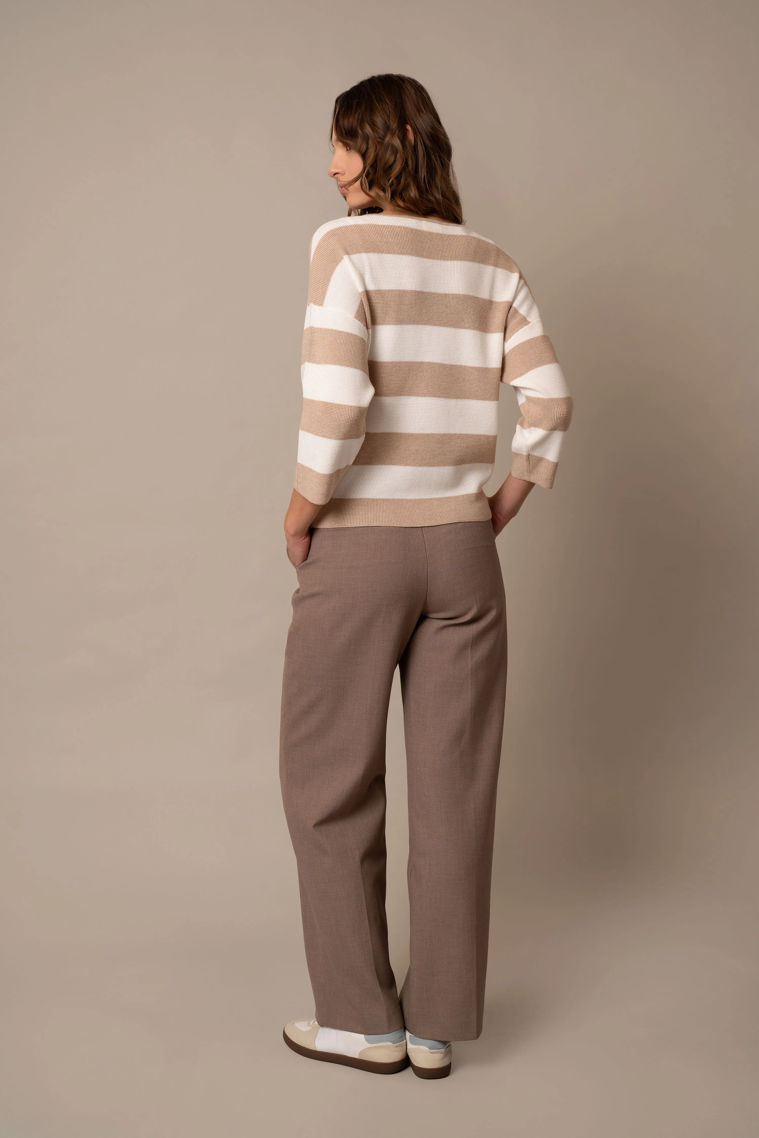 Striped Waffle V-Neck Pullover snug fit