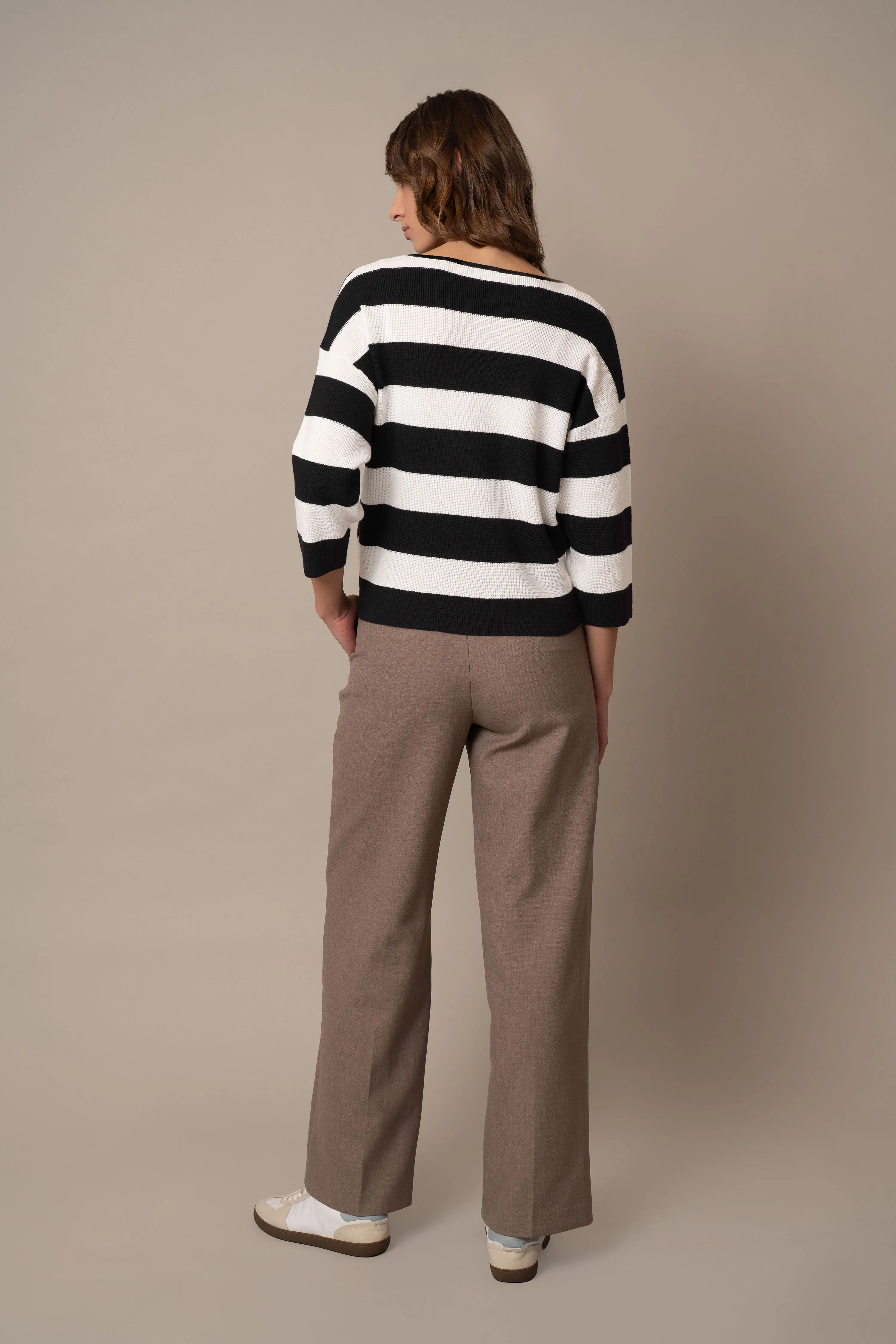Striped Waffle V-Neck Pullover snug fit