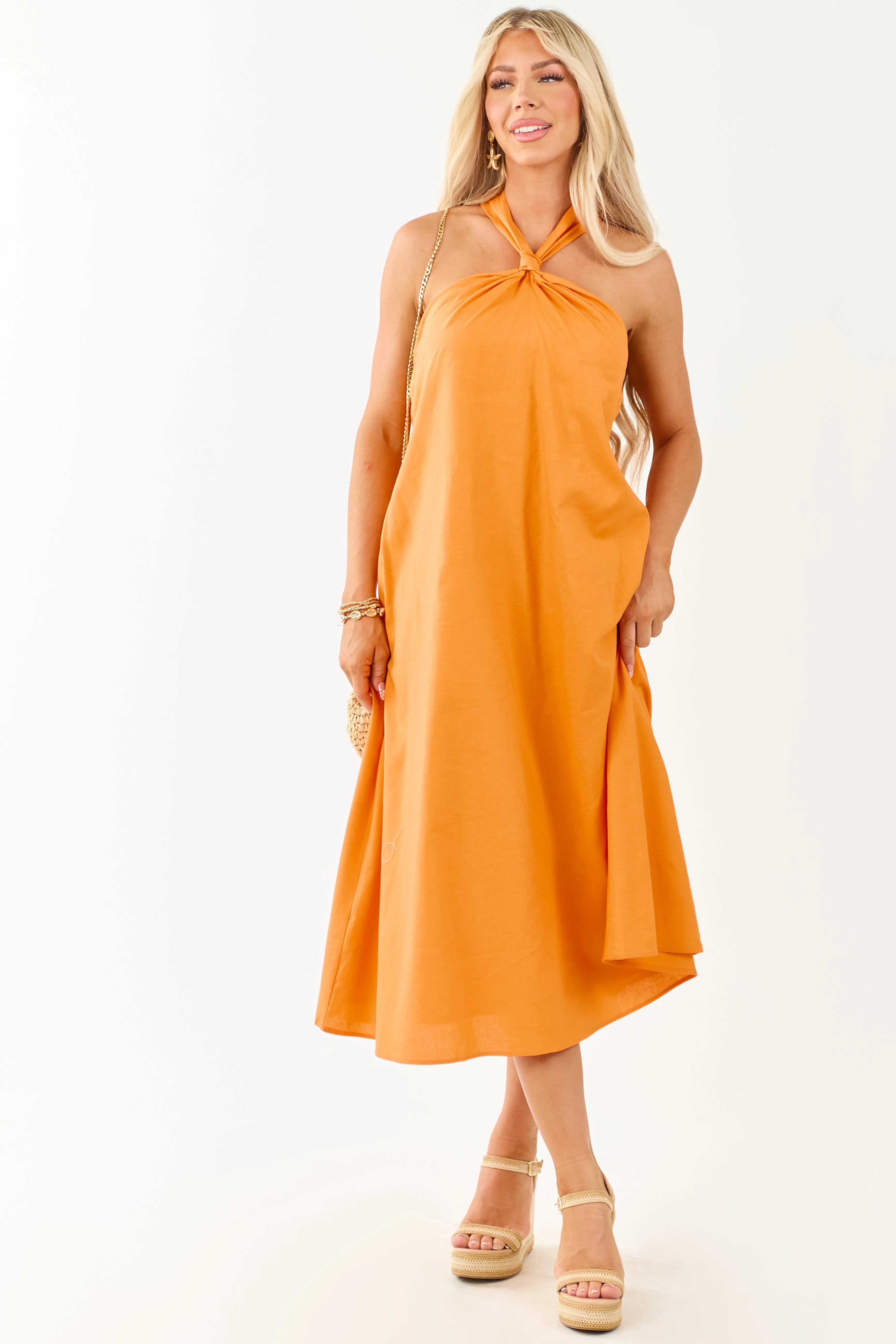 Tangerine Halter Knot Tie Linen Blend Midi Dress timeless piece