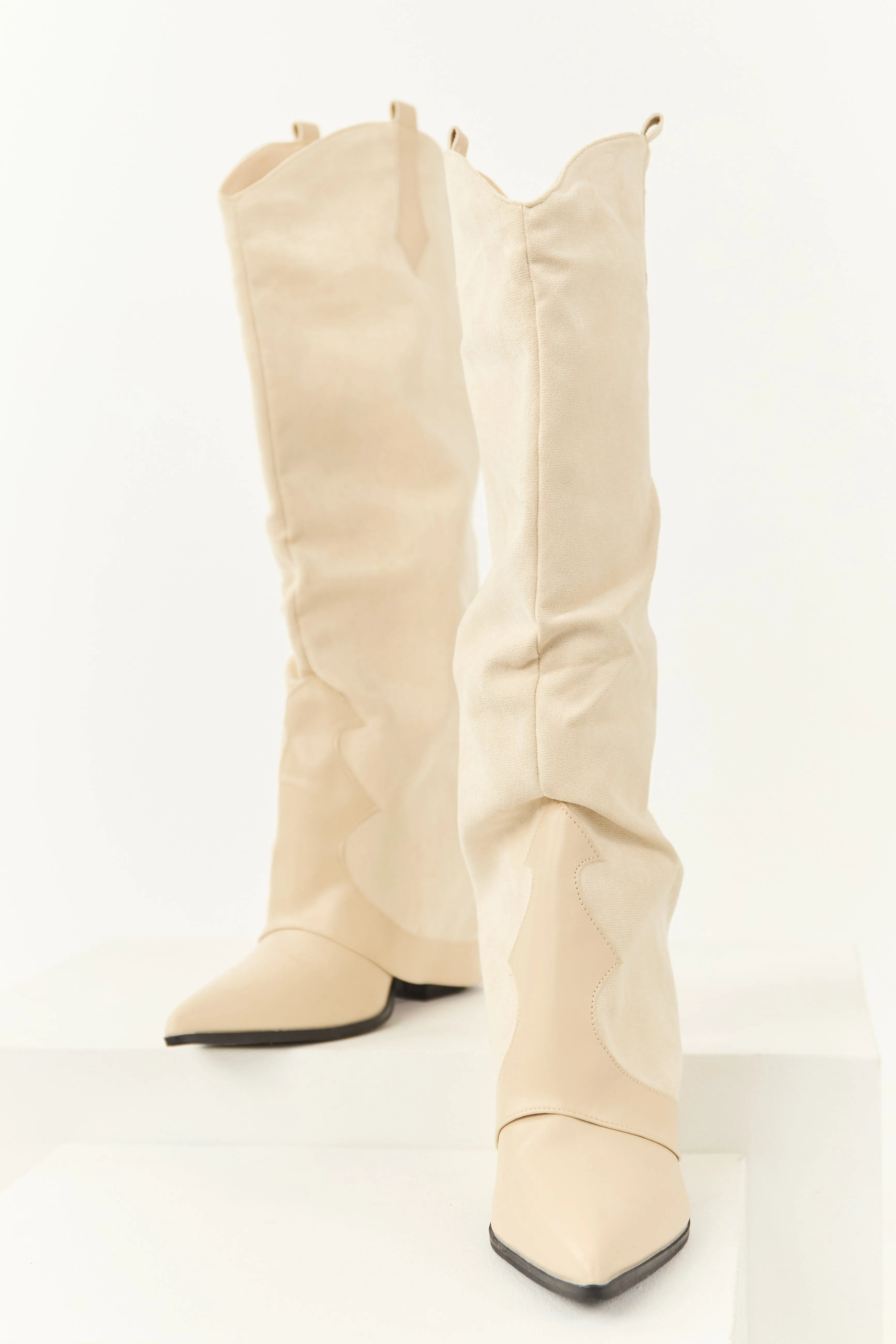 Vanilla Faux Suede Overlay Knee High Cowboy Boots soft soul