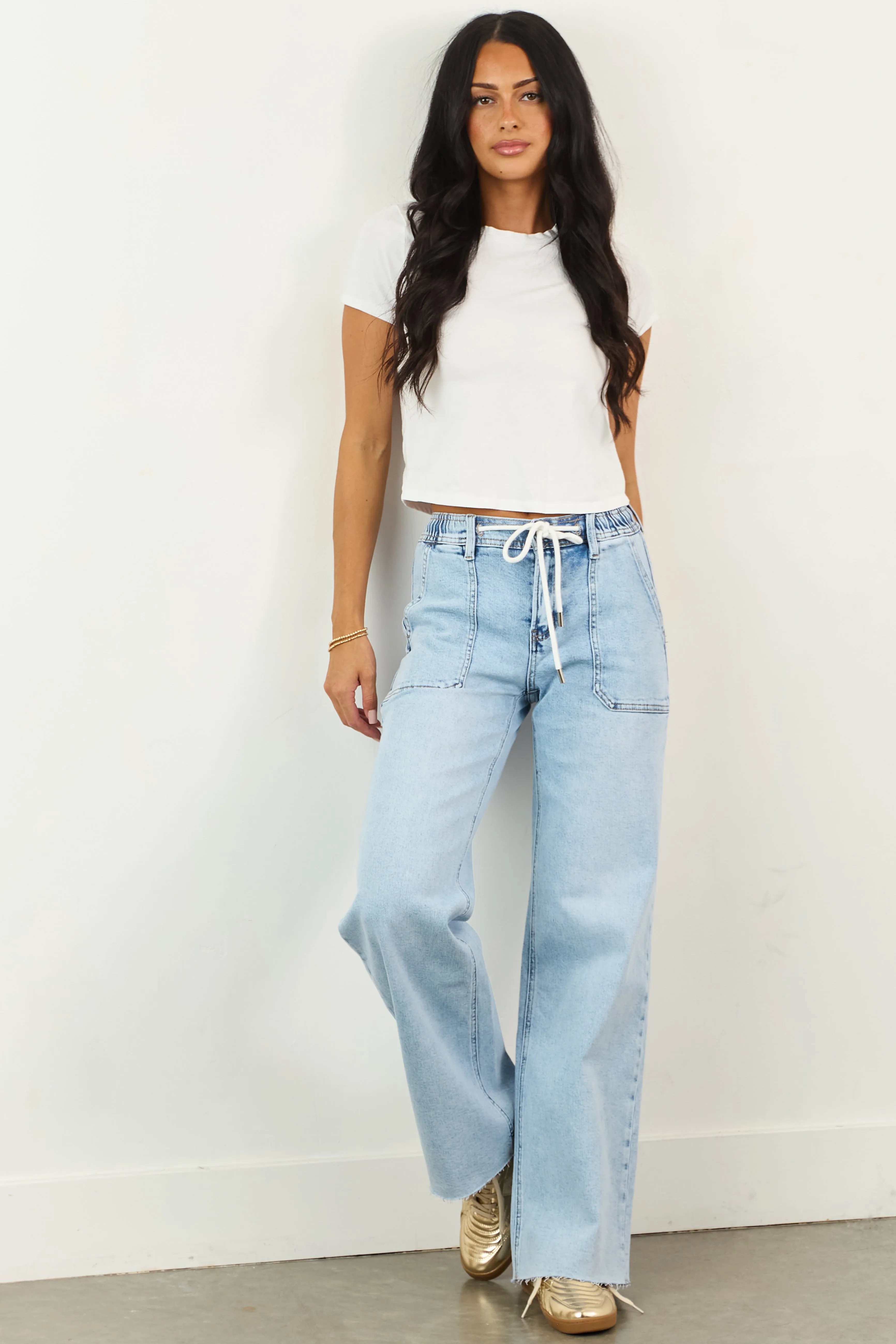 Vervet Light Acid Wash Stretchy Wide Leg Jeans multi style