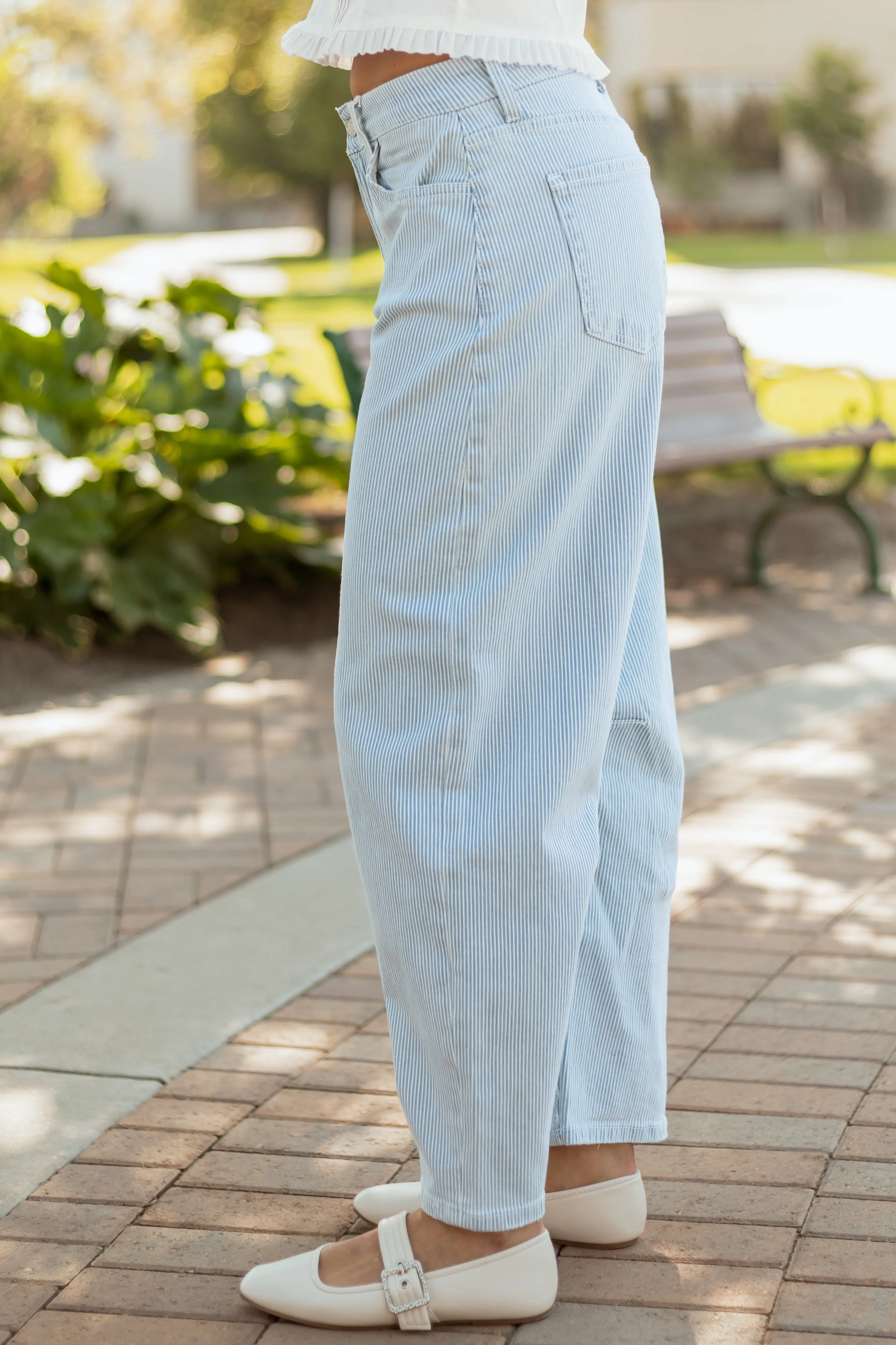 Vervet Light Wash Railroad Stripe Stretchy Barrel Jeans refined form