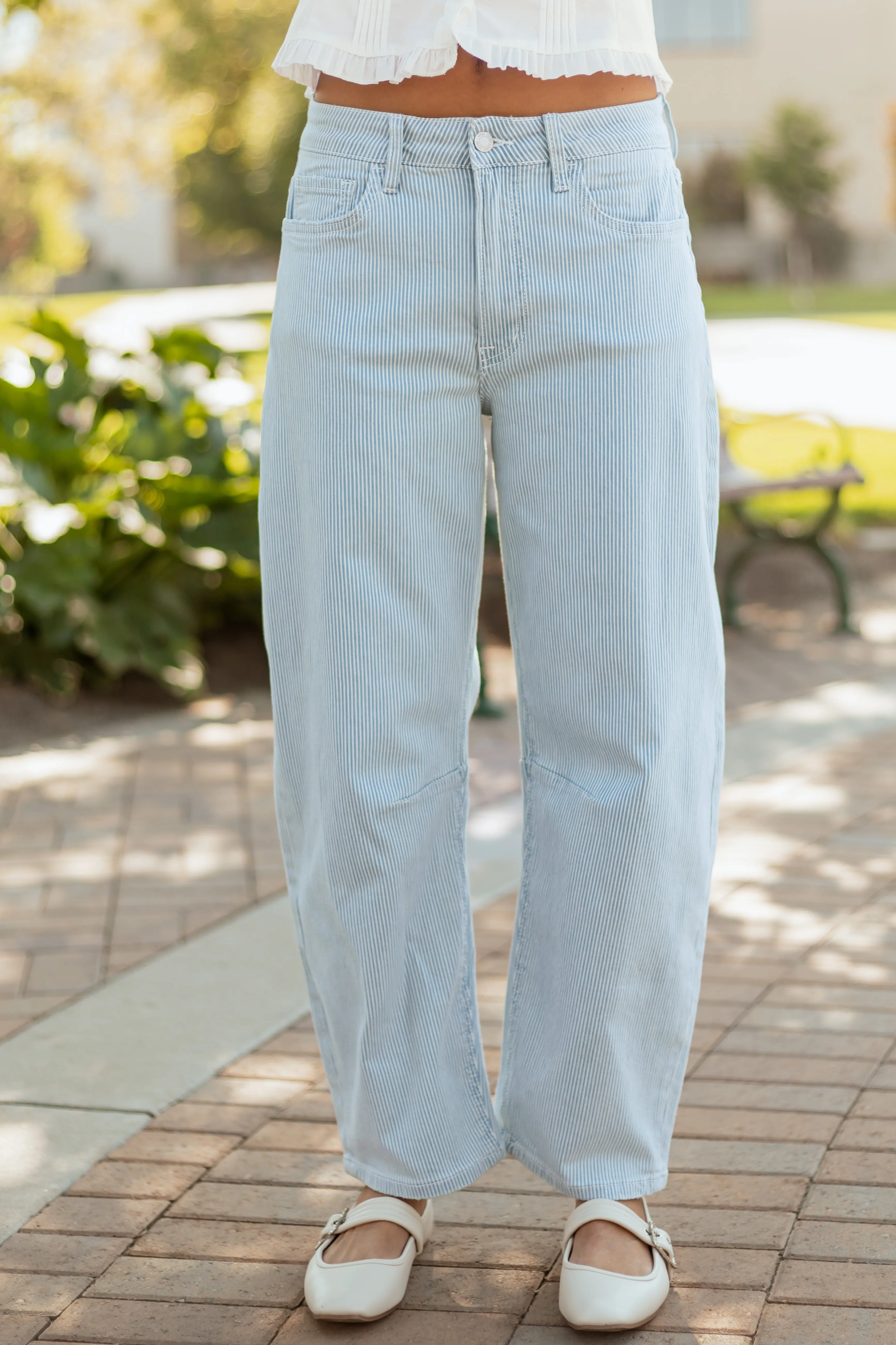 Vervet Light Wash Railroad Stripe Stretchy Barrel Jeans refined form