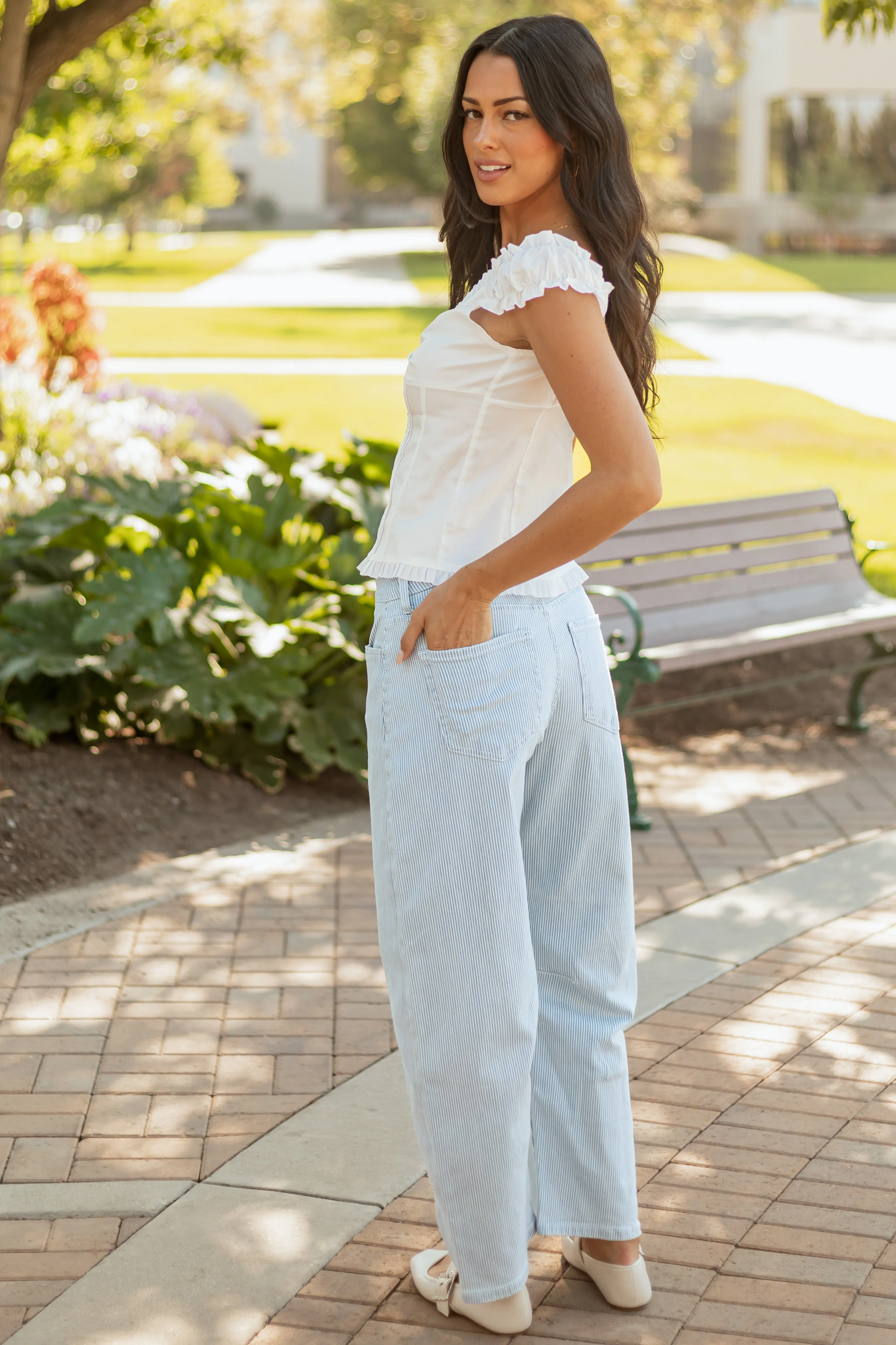 Vervet Light Wash Railroad Stripe Stretchy Barrel Jeans refined form